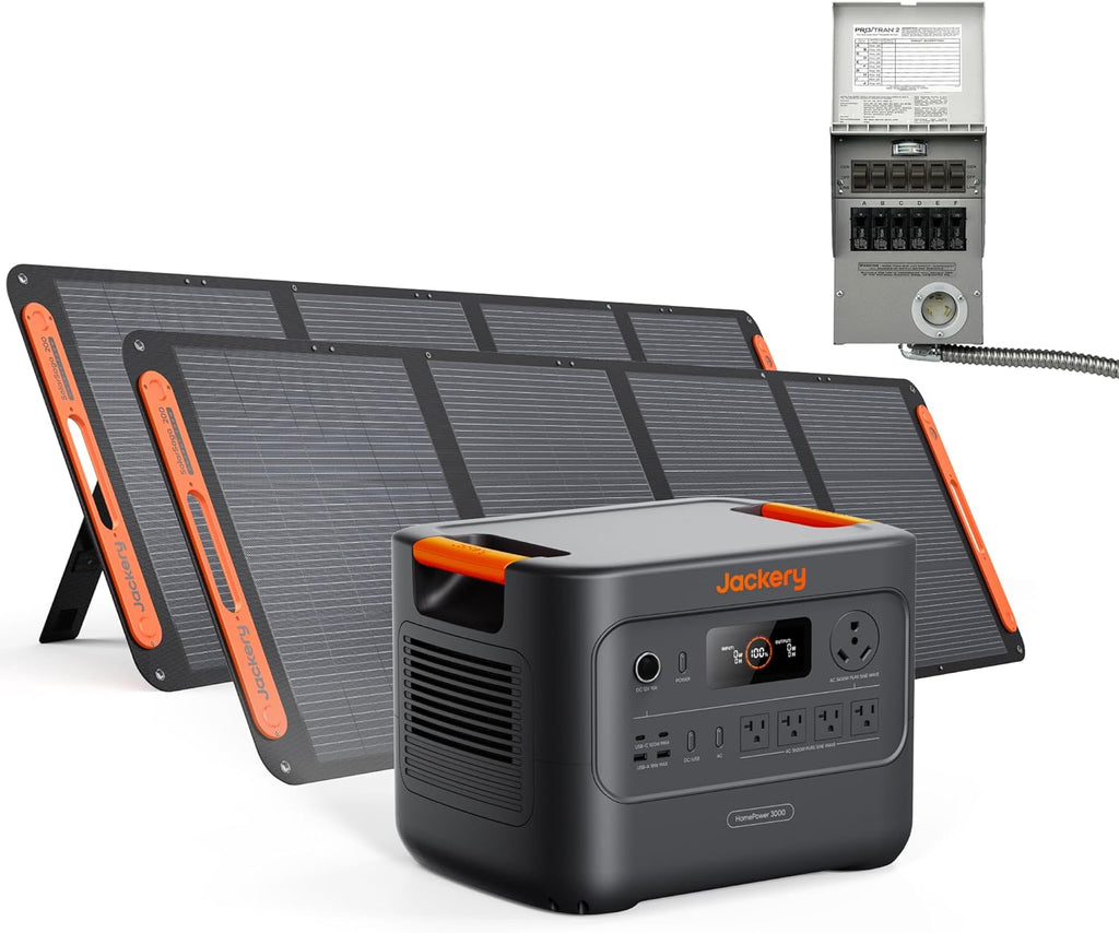 Jackery HomePower 3000 Portable Power Station and Transfer Switch with 2X 200W Panels, 3600W (Surge 7200W) Output, 3072Wh LFP Battery Solar Generator, USB-A/C for Essential Home Backup, Emergencies