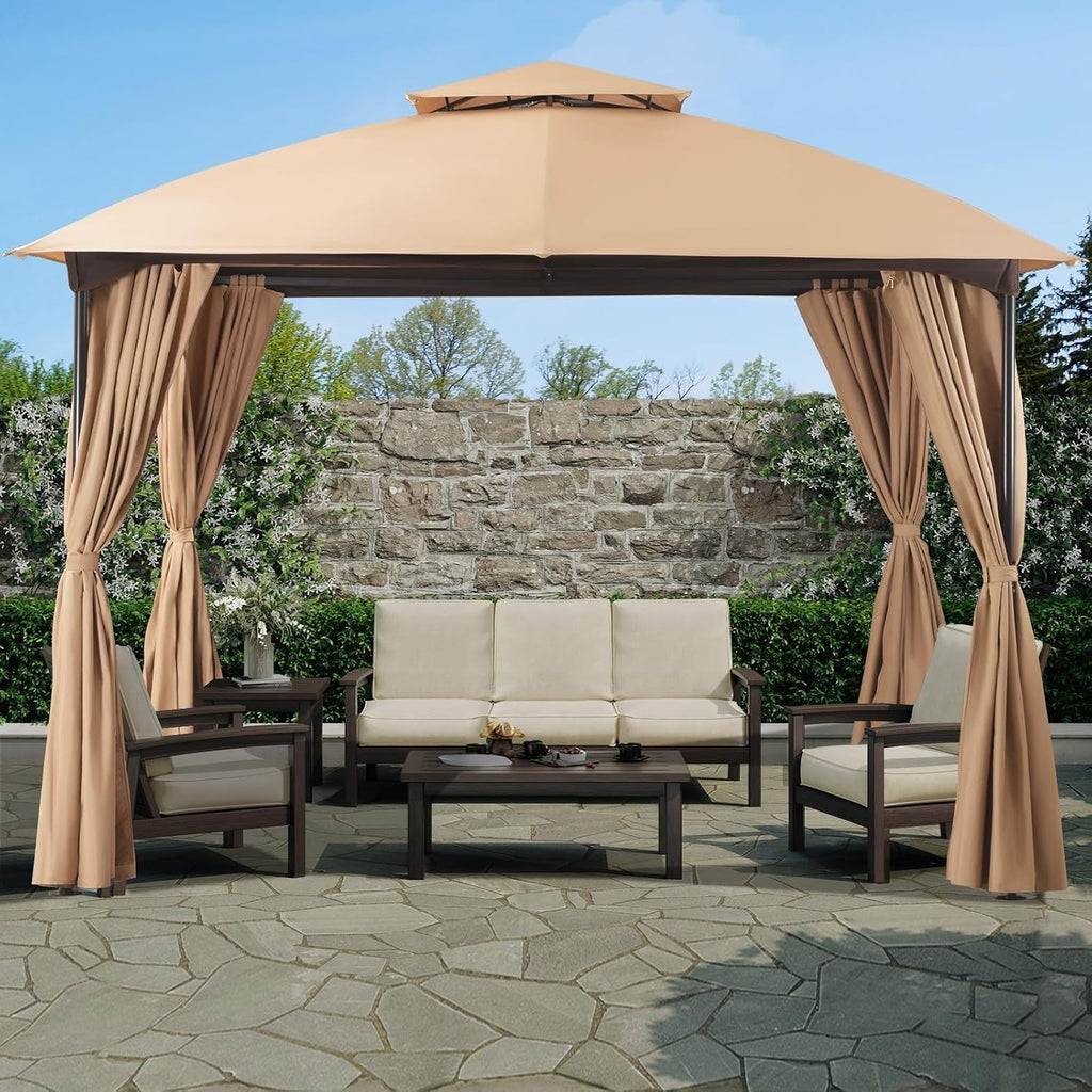 LAUSAINT HOME 10'x10' Patio Arc Gazebo, Outdoor Canopy Tent with Curved Roof Design, Double Tier Top, Privacy Curtains & Wind-Resistant Ropes, Backyard Garden Lawn, Khaki