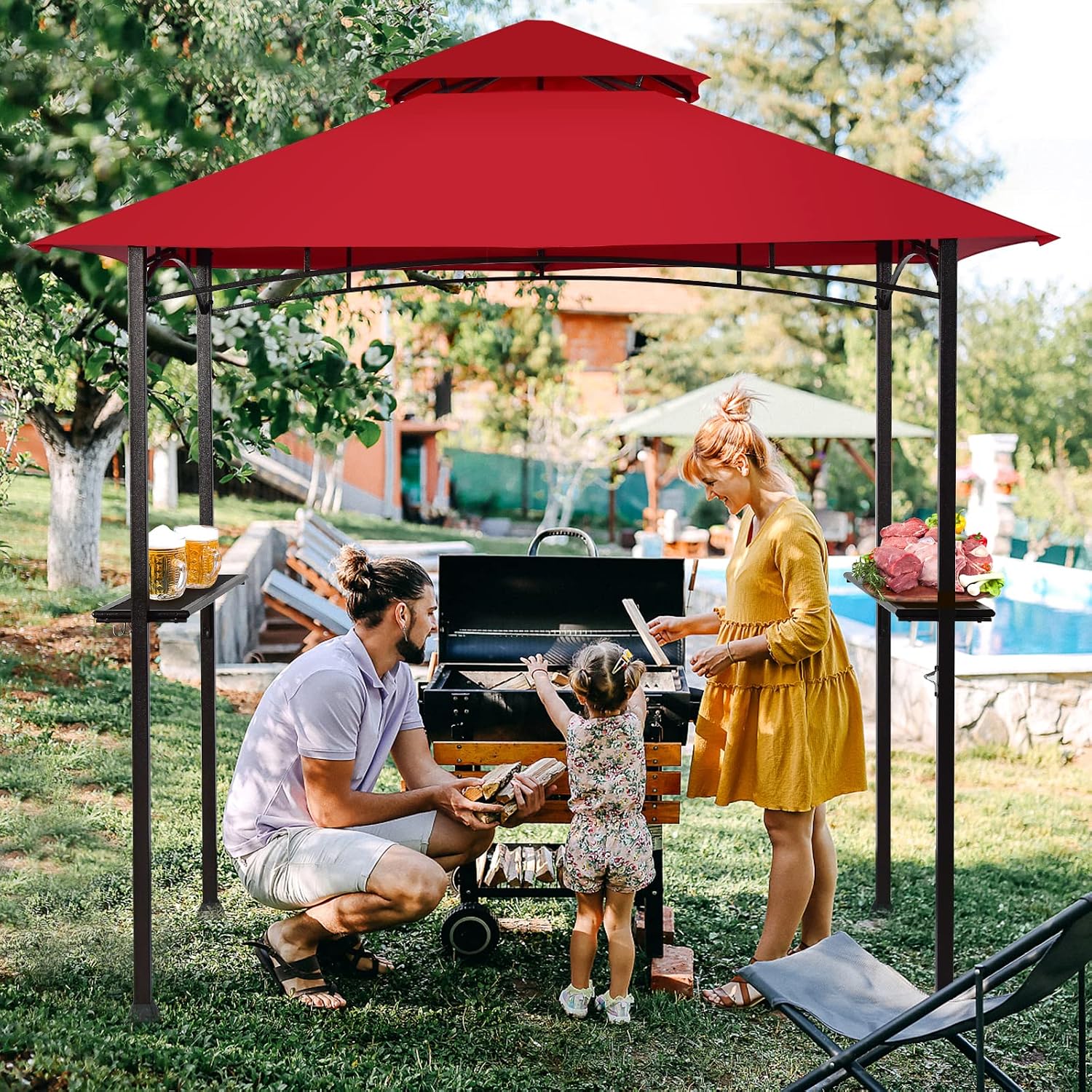 Giantex Grill Gazebo, 8ft x 5ft Grill Station with Canopy, Heavy Duty Steel Frame, 2 Side Shelves, 5 Hooks, 8 Ground Stakes, Outdoor Grill Shelter Barbecue Tent for Backyard Patio Camping (Burgundy)