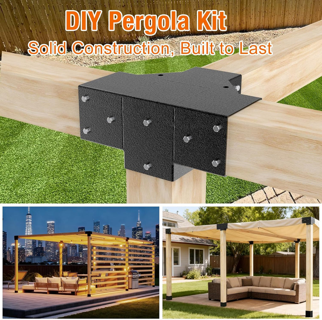 3-Way & 4-Way Pergola Brackets, 4'x4' Pergola Kit, Wood Post Base Bracket for Gazebos, Patio Pergolas, Log Cabin, Wooden Beams (12PCS)