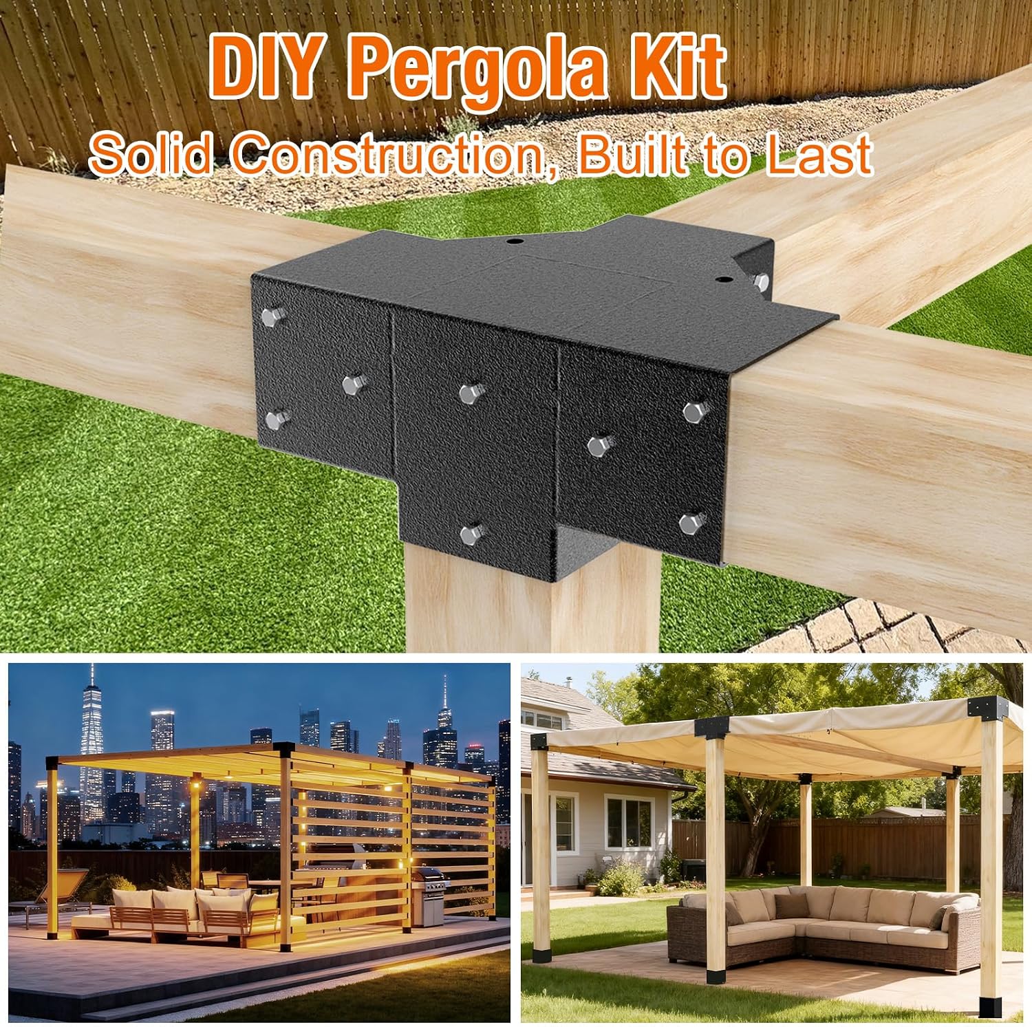 3-Way & 4-Way Pergola Brackets, 4'x4' Pergola Kit, Wood Post Base Bracket for Gazebos, Patio Pergolas, Log Cabin, Wooden Beams (12PCS)