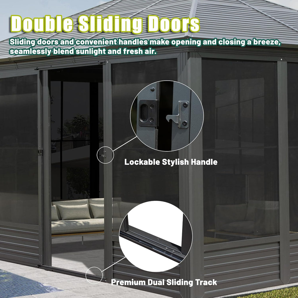 Domi 13x16.5FT Solarium Sunroom Kit, Outdoor Enclosed Patio Sunroom Gazebo with Aluminum Frame, Permanent Freestanding Hardtop Gazebo with 2 Sliding Doors (Front and Rear), Movable PVC Windows