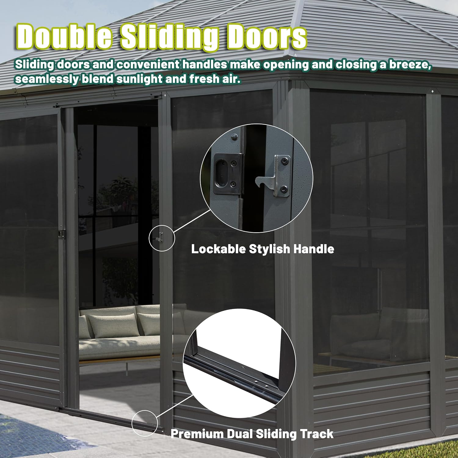 Domi 13x16.5FT Solarium Sunroom Kit, Outdoor Enclosed Patio Sunroom Gazebo with Aluminum Frame, Permanent Freestanding Hardtop Gazebo with 2 Sliding Doors (Front and Rear), Movable PVC Windows