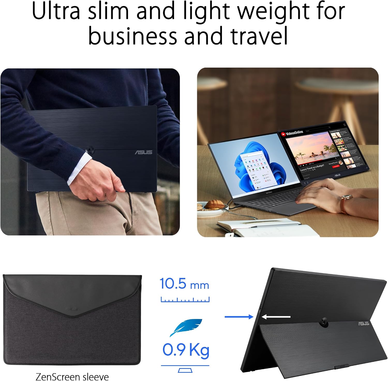 ASUS ZenScreen 15.6' 1080P USB-C Portable Monitor Setup for Laptop/Mac (MB16AHV) - FHD, IPS, Blue Light Filter, Anti-Glare, Mini HDMI, Kickstand, Tripod Mountable, Protective Sleeve, 3year Warranty