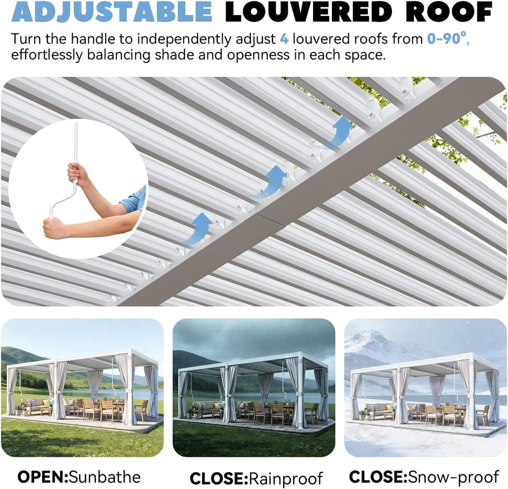 MELLCOM Louvered Pergola 10x20, Steel Aluminum Pergola with Adjustable Louvered Roofs, Outdoor Gazebo with Waterproof Curtains and Nets, White