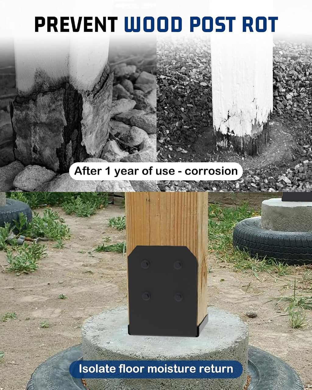8x8 Post Base Brackets 4-Pack (7.5x7.5in Actual) - Heavy Duty Deck Post Anchor for Pergola, Gazebo, Playset - Black Powder Coated Steel with Standoff