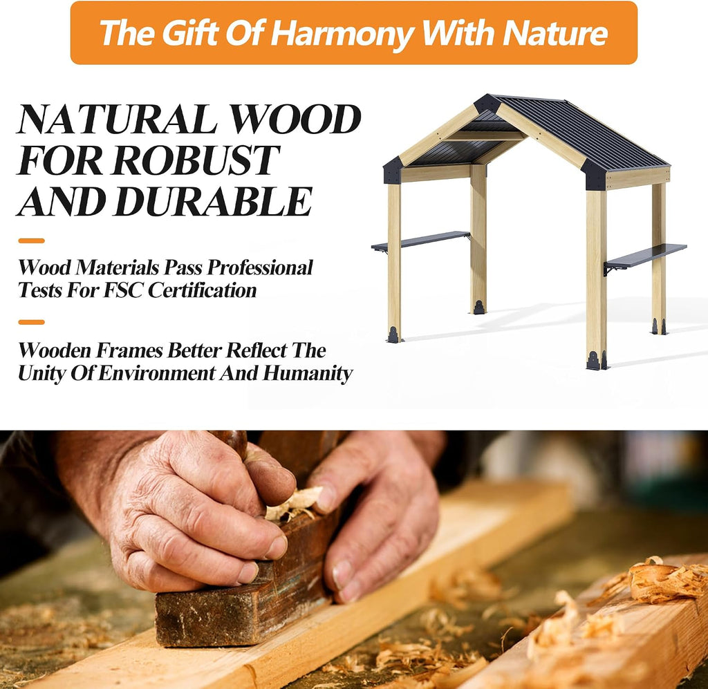 GARTOO 7.7'x5.7' Outdoor Grill Wood Gazebo - Hardtop Gazebo with 2 Side Shelves, Solar Light and Galvanized Steel Roof, Patio Wooden BBQ Pergola for Garden, Porch and Backyard