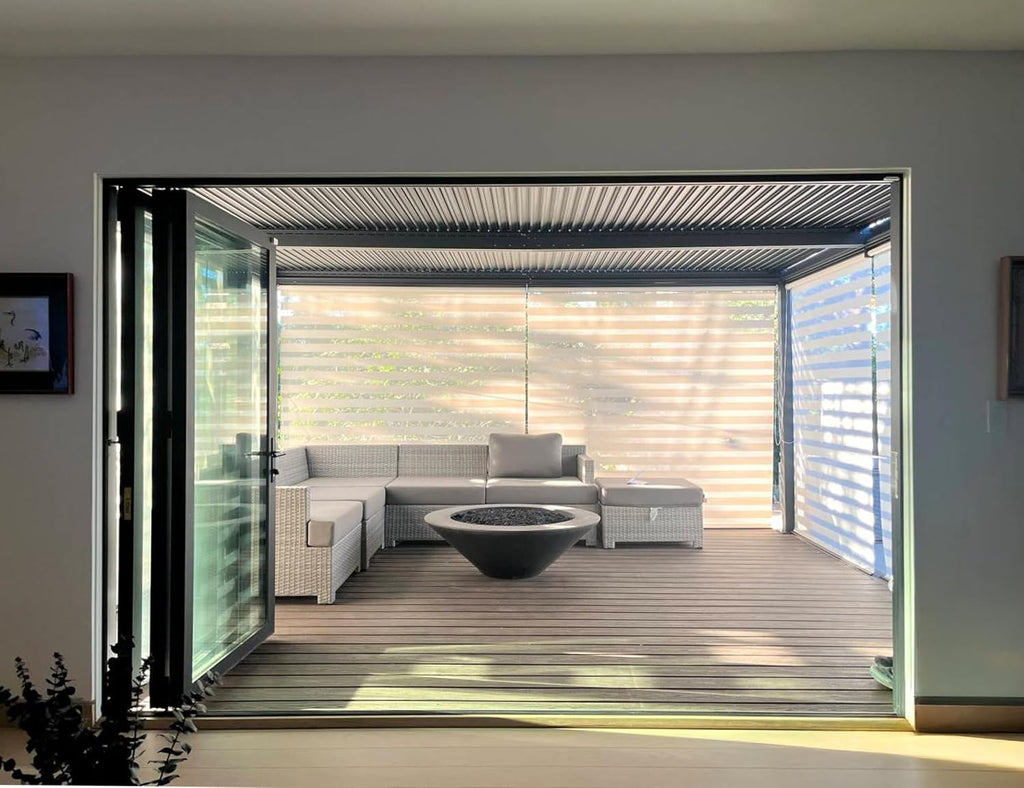 PURPLE LEAF Louvered Pergola 94AS 11' x 14' Outdoor Aluminum Pergola with Shade Screen Adjustable Roof for Deck Backyard Grey Hardtop Gazebo, 1 Long Side and 2 Short Sides