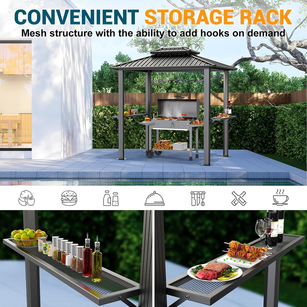 Hoteel 6x8 Hardtop Grill Gazebo, Outdoor Patio BBQ Gazebo with Galvanized Steel Double Roof, Hardtop Barbecue Canopy with 2 Side Shelves for Deck Lawn Backyard Garden,Black