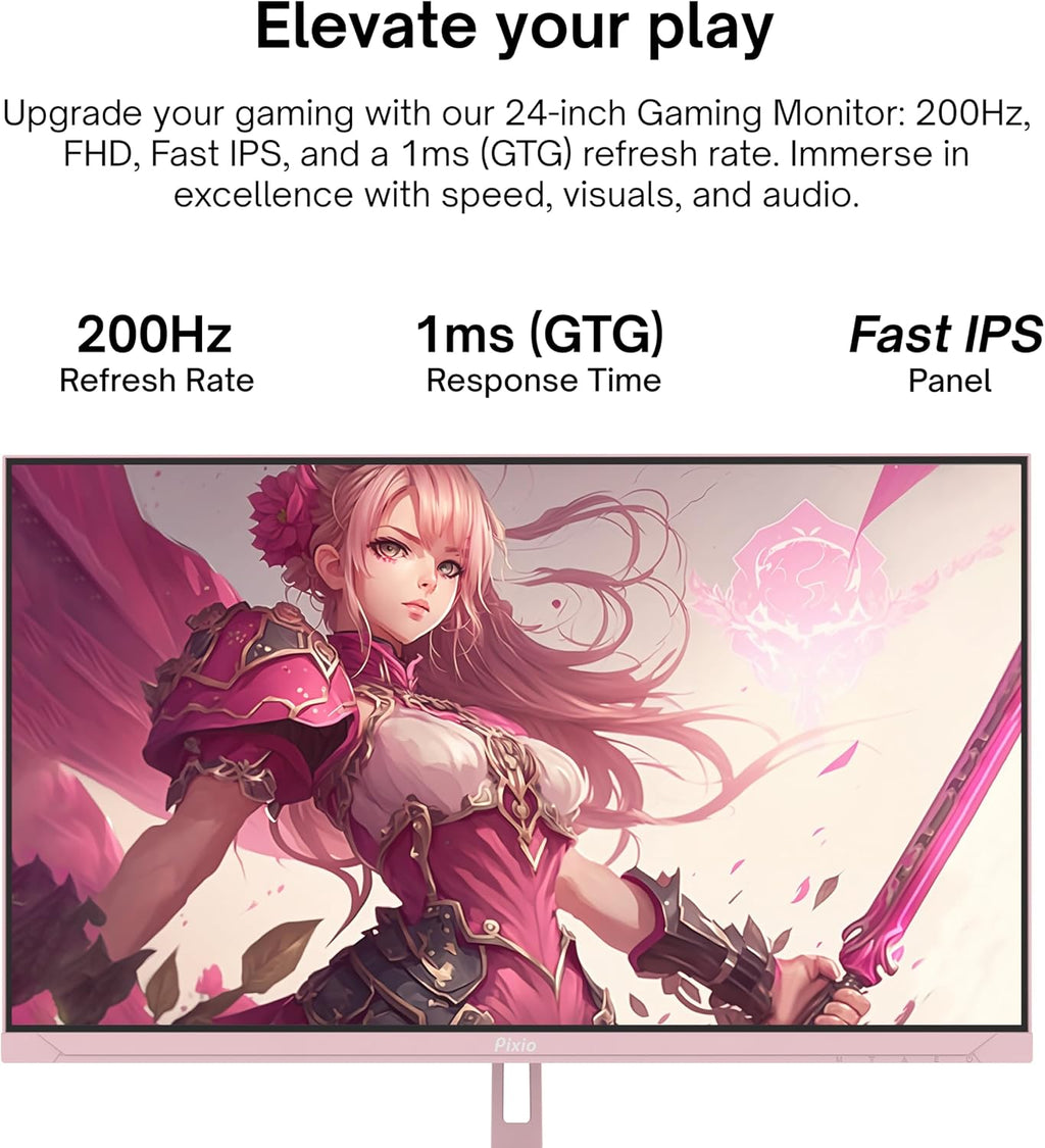 Pixio PX248 Wave Pink 24 inch 200Hz Refresh Rate FHD 1080p Resolution Fast IPS Panel 1ms GTG Response Time Built-in Speakers Gaming Monitor with Adaptive Sync