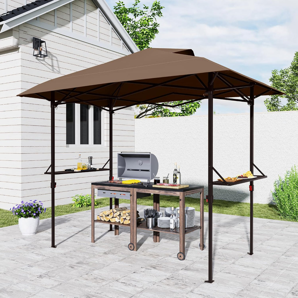 8×5 FT Pop Up Grill Gazebo, Outdoor Grill Canopy with Vented Roof & Side Shelves, Large Portable Canopy for Outdoor Barbecue, Backyard, Patio, Easy Set up, Brown