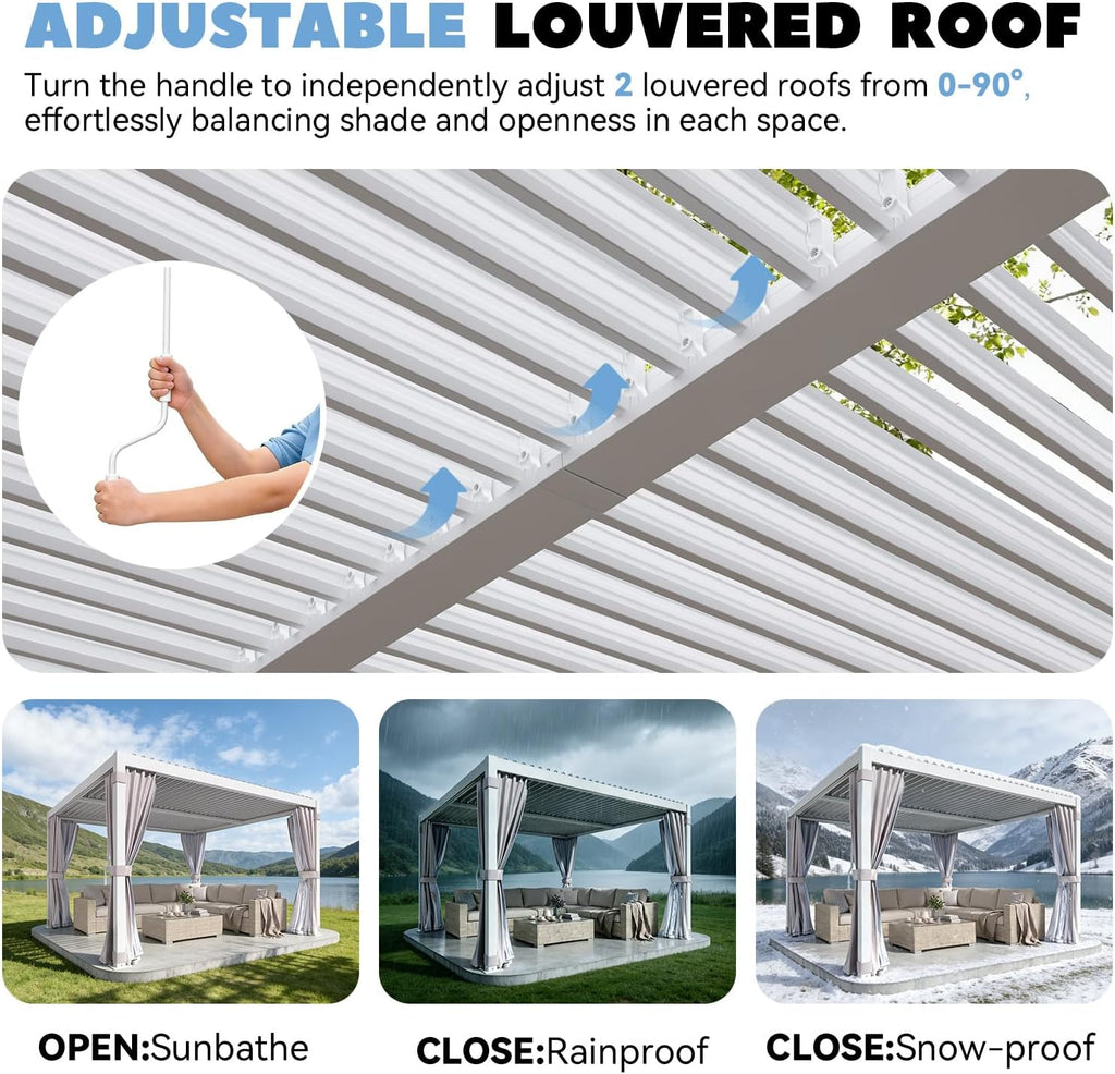 MELLCOM Louvered Pergola 12x12, Steel Aluminum Pergola with Adjustable Louvered Roofs, Outdoor Gazebo with Waterproof Curtains and Nets, White