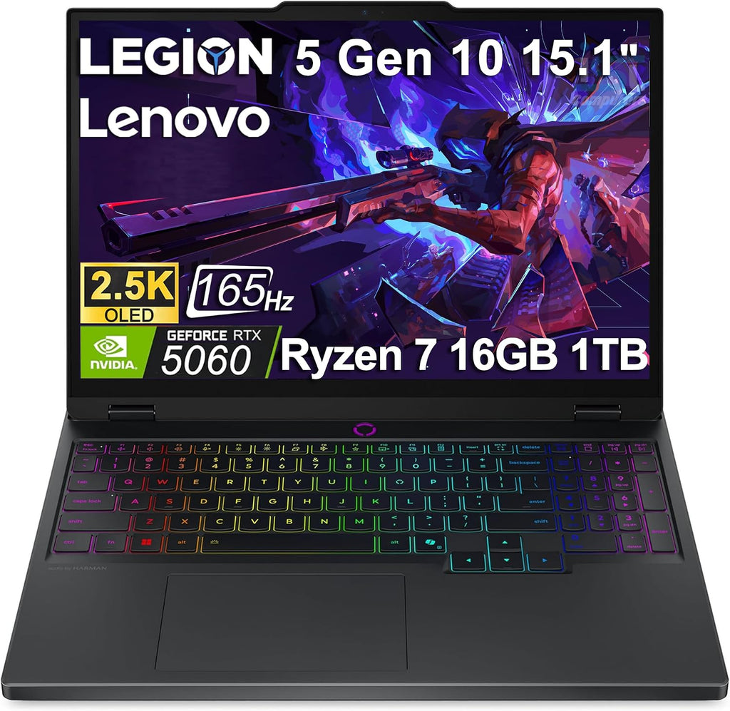 Lenovo Legion 5 Gaming Laptop (15.1' 2.5K OLED G-SYNC 165Hz, NVIDIA RTX 5060 8GB, AMD Ryzen 7 260 (> i7-1355U), 16GB DDR5, 1TB SSD), 24-Zone RGB Backlit, Wi-Fi 7, 5MP Webcam, RJ45, Win 11 Home