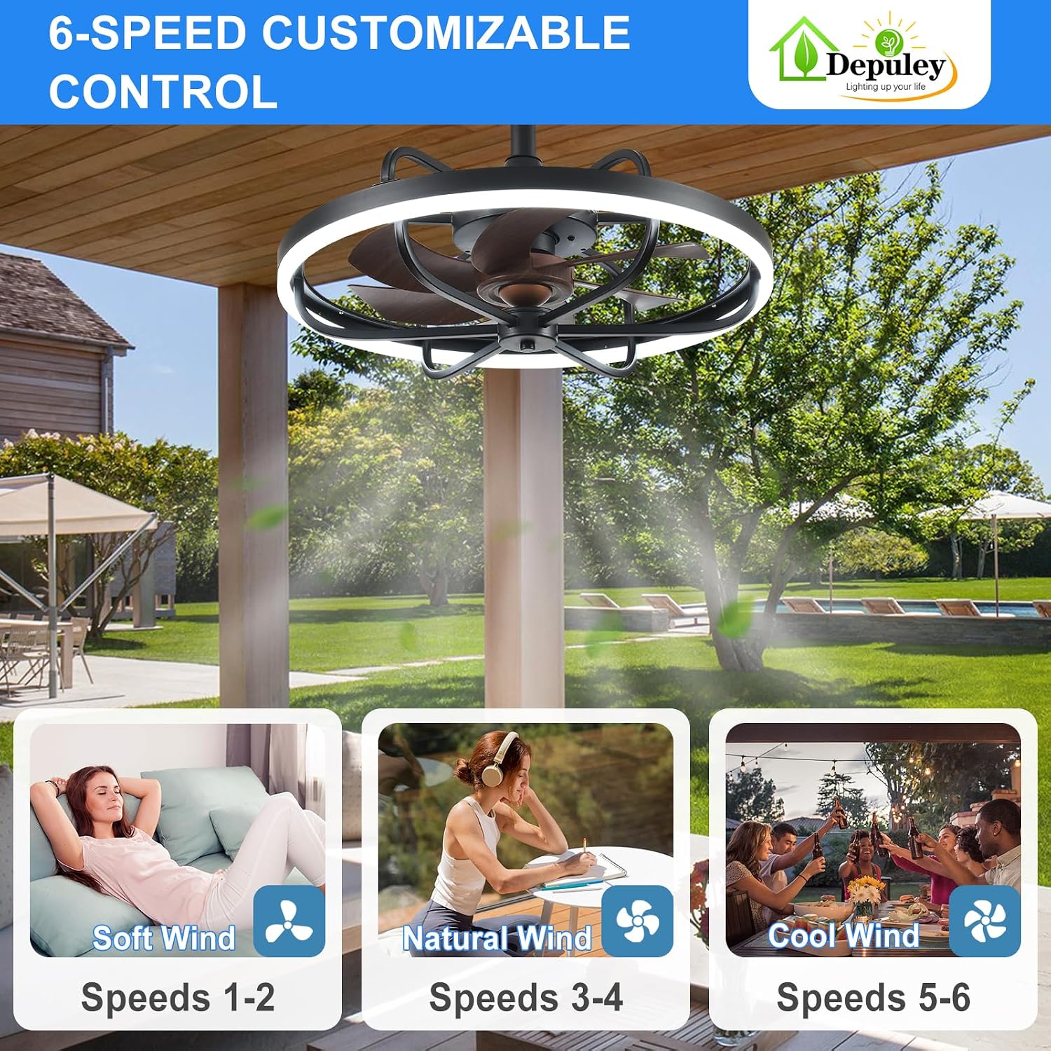 Depuley 20' Outdoor Ceiling Fan with Lights, Walnut and Black Waterproof Gazebo Hanging Fan with Remote App Control, Dimmable Plug in Caged Outdoor Ceiling Fans for patios Porch 6-Speeds