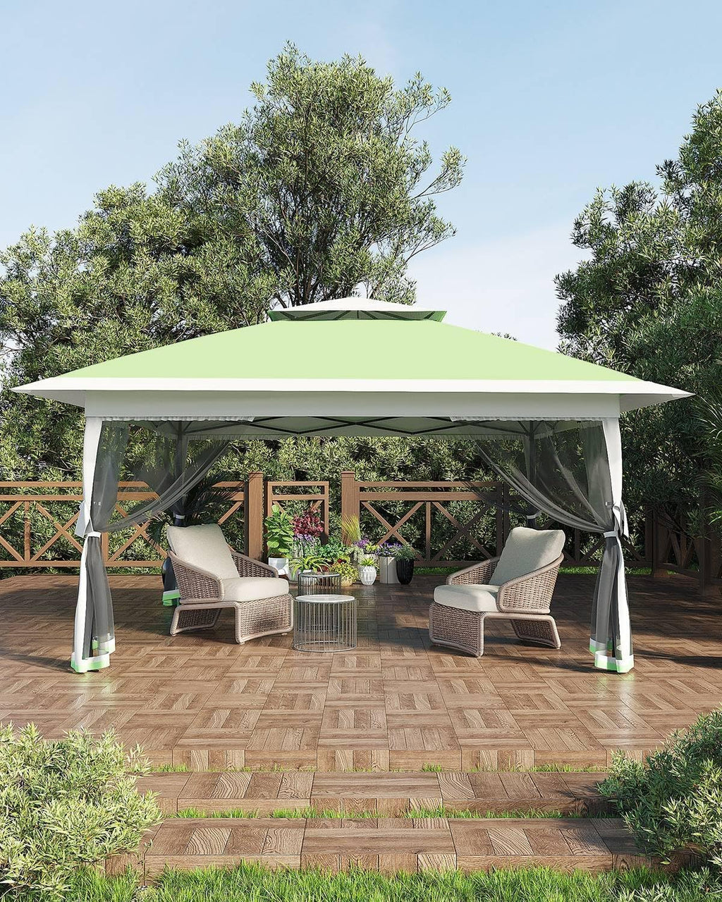 12x12FT Pop Up Gazebo, Instant Backyard Canopy Tent with Mosquito Net & Double Roof, Pop-Up Gazebo Canopies Adjustable Height for Patio, Party, Green