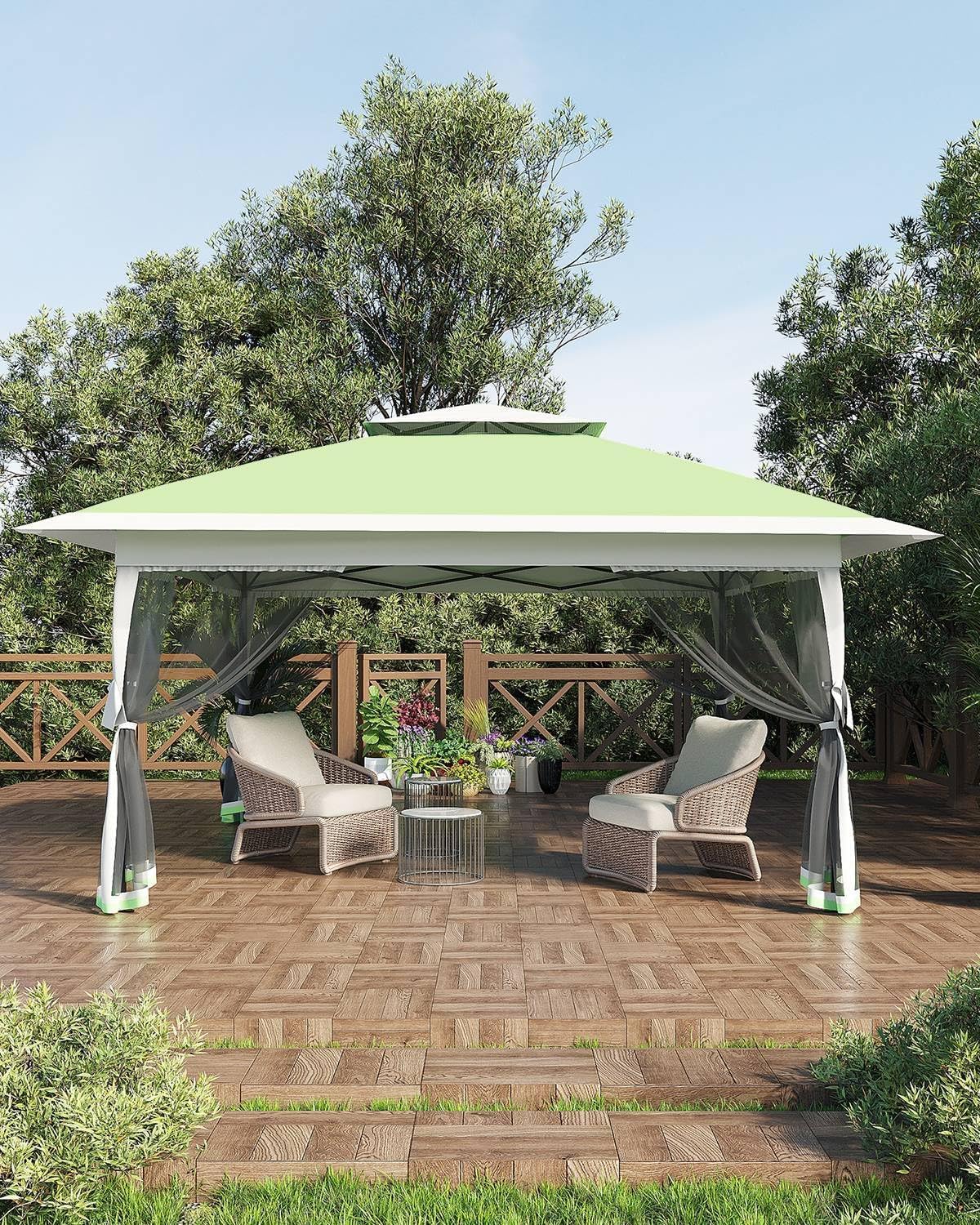 12x12FT Pop Up Gazebo, Instant Backyard Canopy Tent with Mosquito Net & Double Roof, Pop-Up Gazebo Canopies Adjustable Height for Patio, Party, Green