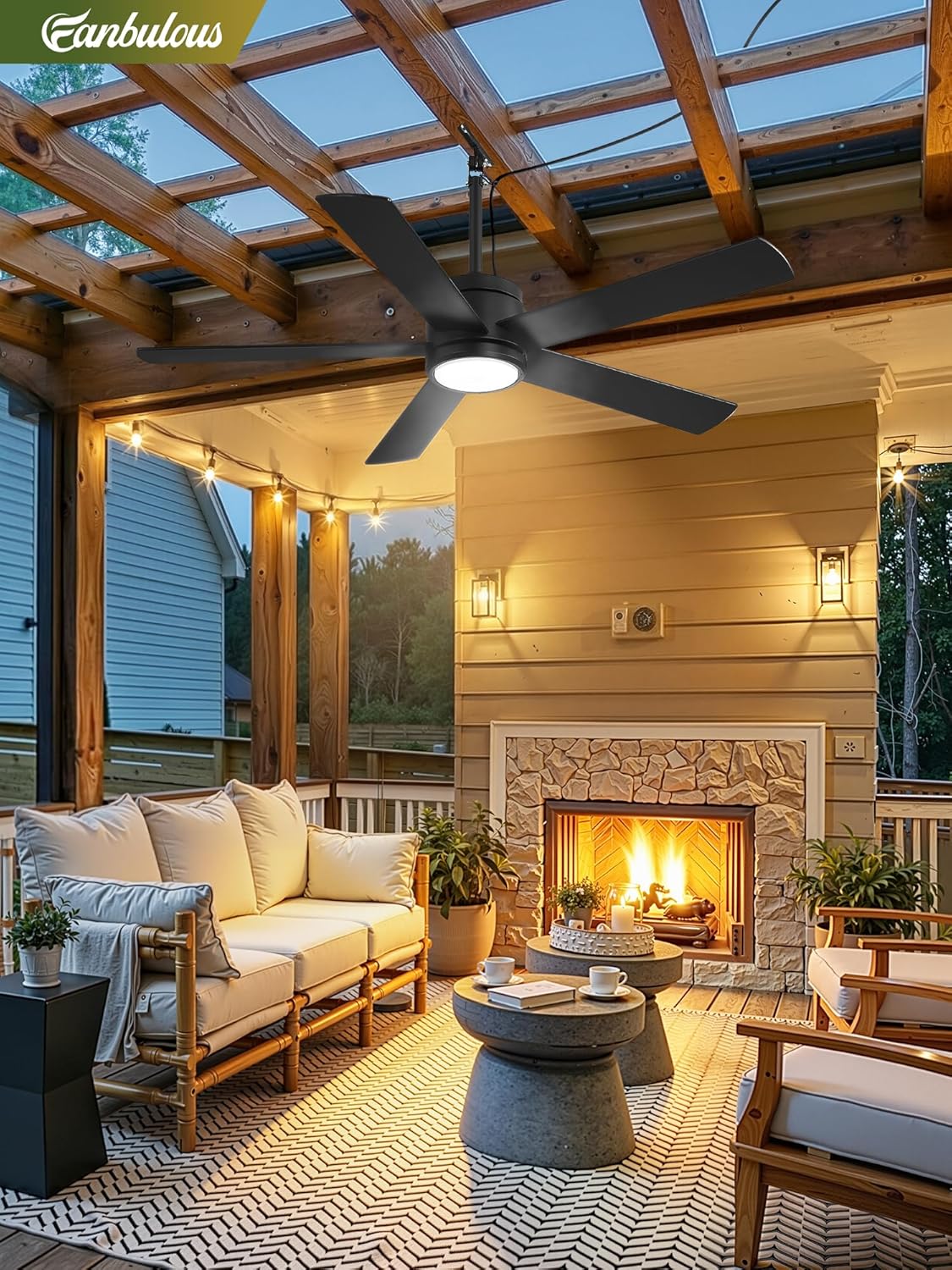 52 In Outdoor Ceiling Fan Hanging Fan Outdoor Ceiling Fans, Waterproof, with Light, Remote, 52 In, Wet Rated, IP65, 6 Speed, 3CCT, Plug in, for Patios, Porch, Gazebo, Black