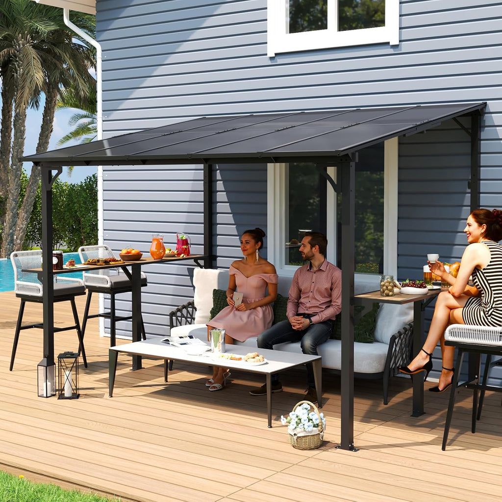 MEISSALIVVE 8' x 10' Wall Mounted Gazebo, Outdoor BBQ Grill Gazebo with Side Shelf, Lean to Metal Awnings with Sloped Roof, Heavy Duty Pergola for Backyard, Deck, Black