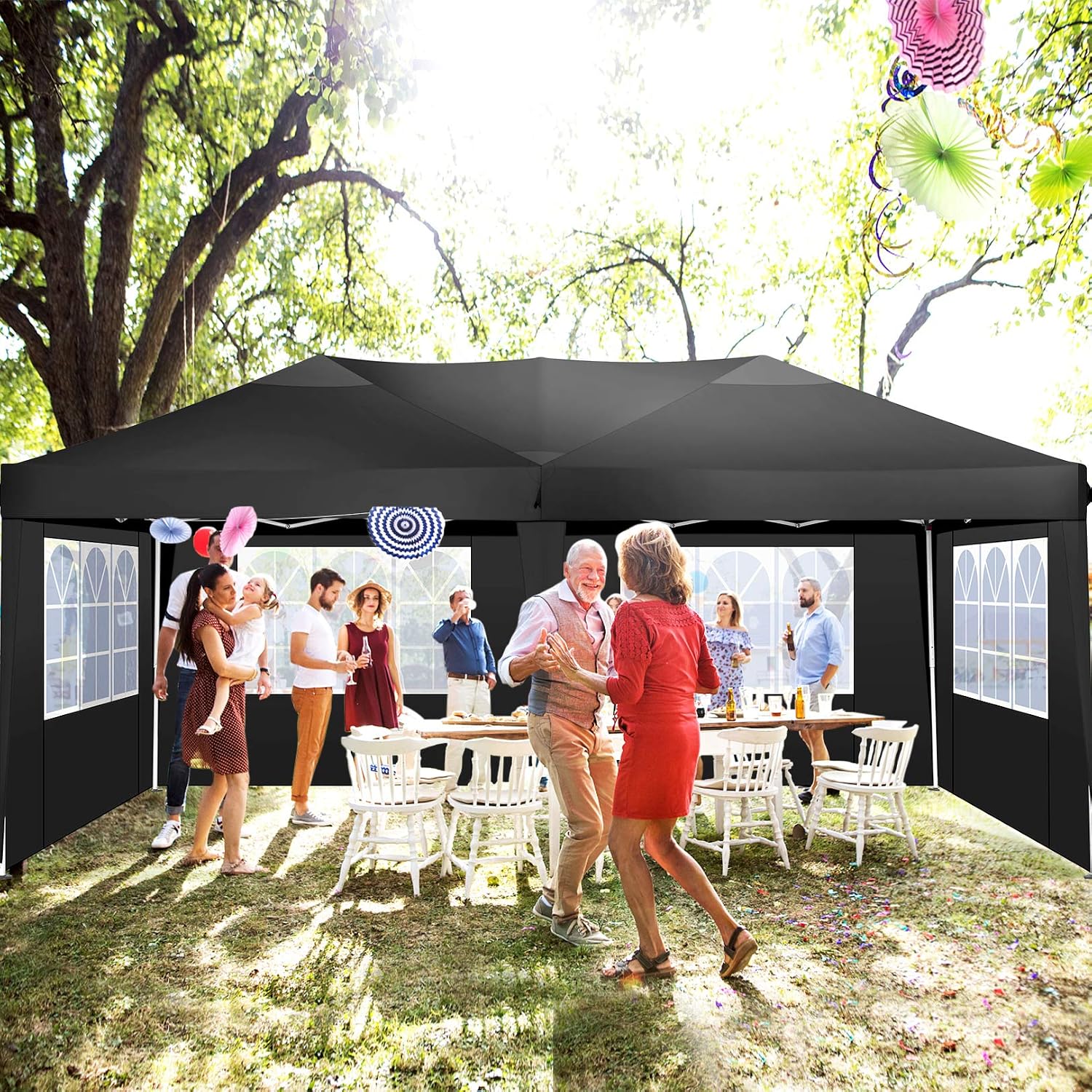 COBIZI 10x19ft Pop Up Canopy, Fully Waterproof Canopy Tent, 10x20 Canopy with Sidewalls, Black