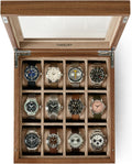 TAWBURY Wooden Watch Case - 12 Slot Wood Watch Box for Men & Women with Glass Display, Protective Fully Lined Interior and 2-inch Wide Pillows for Small & Large Watches (Classic Walnut)