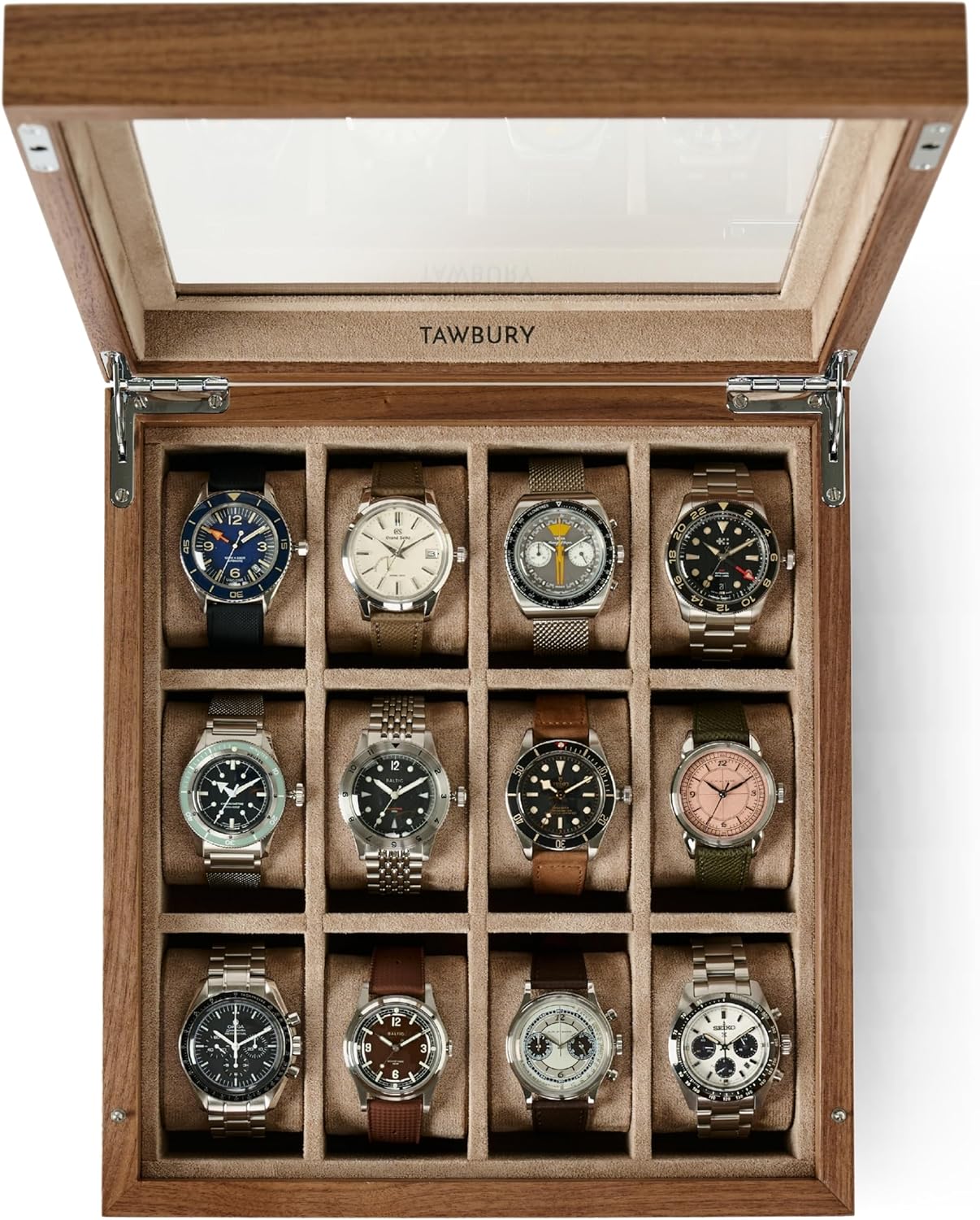 TAWBURY Wooden Watch Case - 12 Slot Wood Watch Box for Men & Women with Glass Display, Protective Fully Lined Interior and 2-inch Wide Pillows for Small & Large Watches (Classic Walnut)