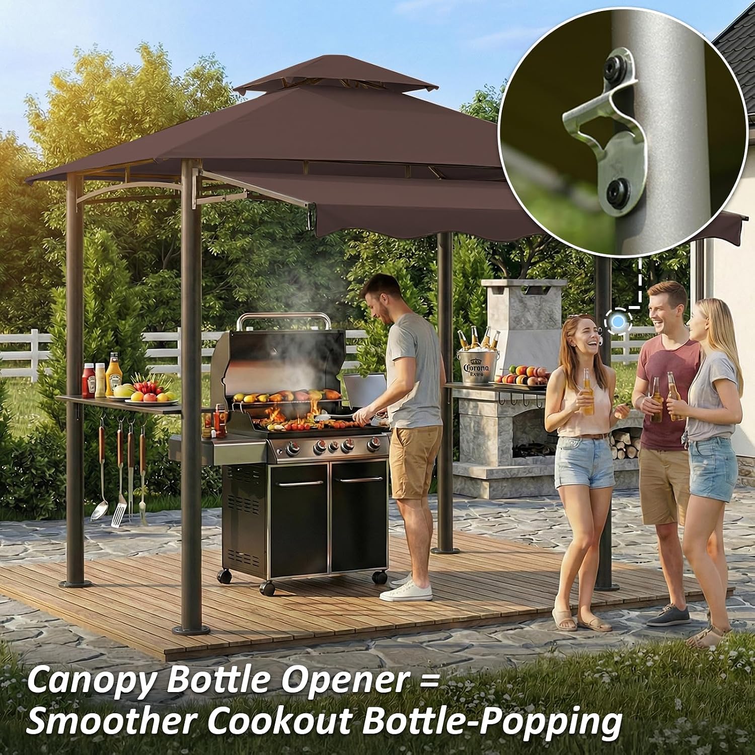 CHARMELEON 8x8 FT Grill Gazebo, Grill Canopy with Big Awning&2 Side Shelves&6 Hooks&Bottle Opener, Powder-Coated Steel BBQ Shelter for Patio Backyard Outdoor Grilling-Brown