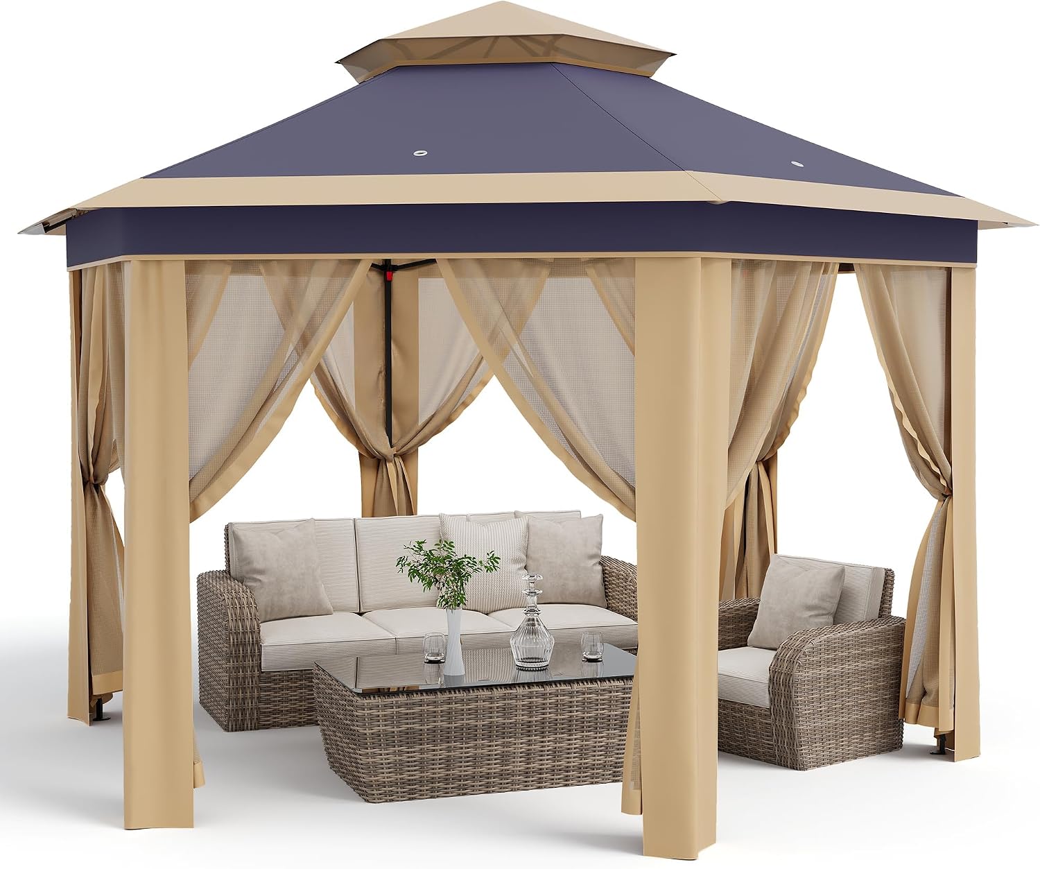 13 x 13FT Pop Up Gazebo, Instant Canopy Tent with Mosquito Net & Double Roof, Pop Up Canopy Tent Adjustable Height for Patio, Party, Gray&Khaki