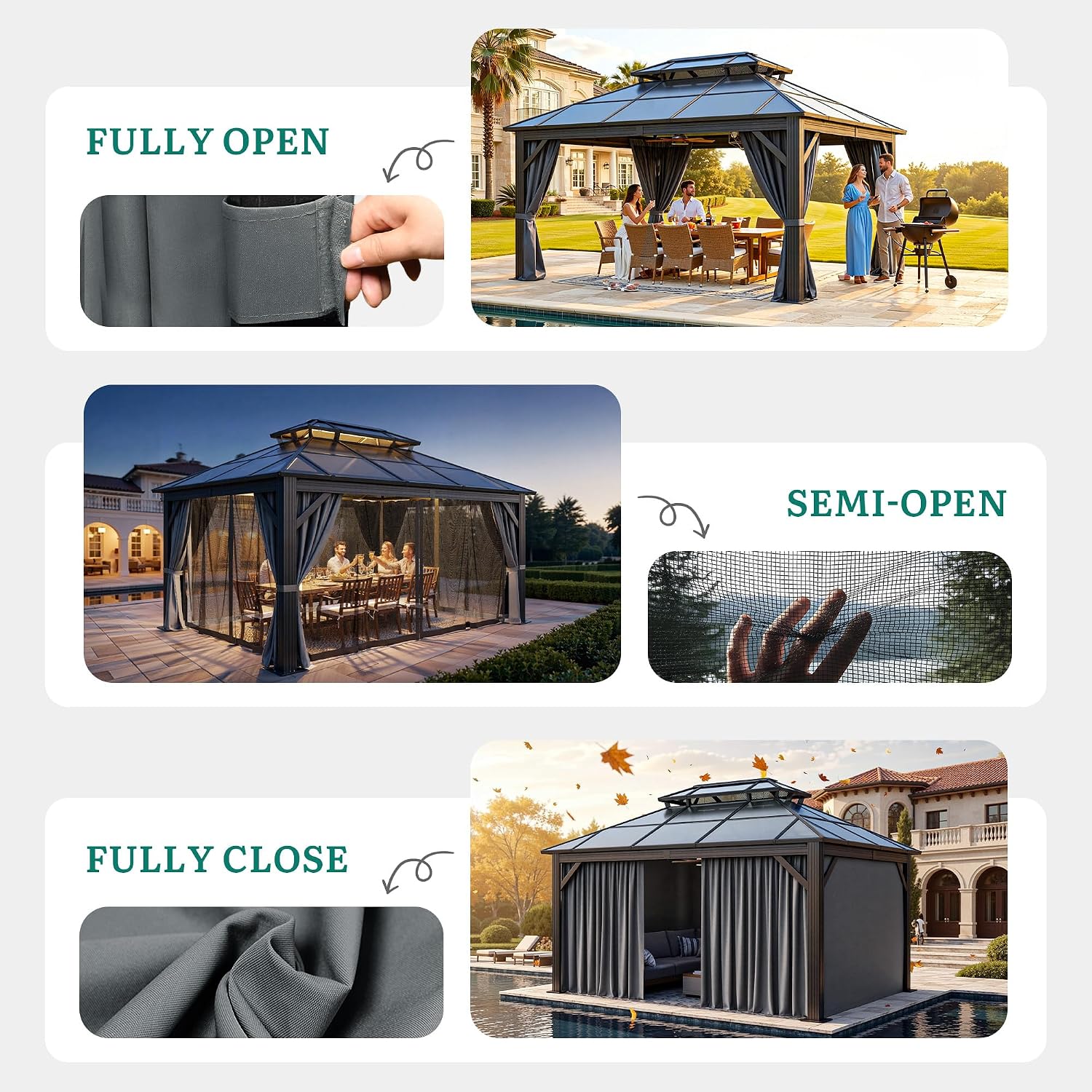 YITAHOME 10x12FT Hard-Top Gazebo Double Roof Canopy Outdoor with Netting and Shaded Curtains, Aluminum Frame Polycarbonate Hardtop Garden Tent for Patio, Backyard, Deck and Lawns, Gray