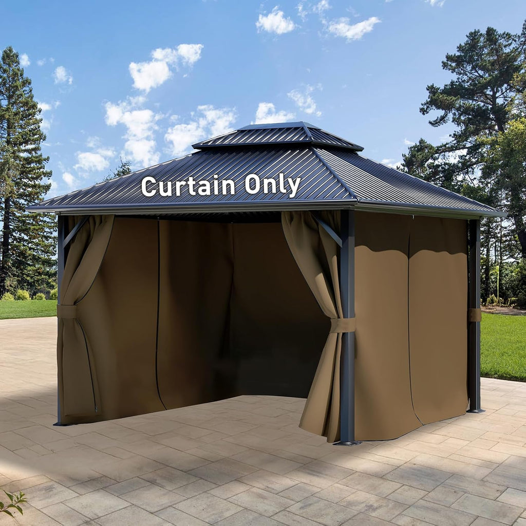 Aoodor 12x14 ft Outdoor Gazebo Curtains, 4 Panels Waterproof Privacy Sidewall Replacement with Zipper for Patio Pergola and Canopy, Brown