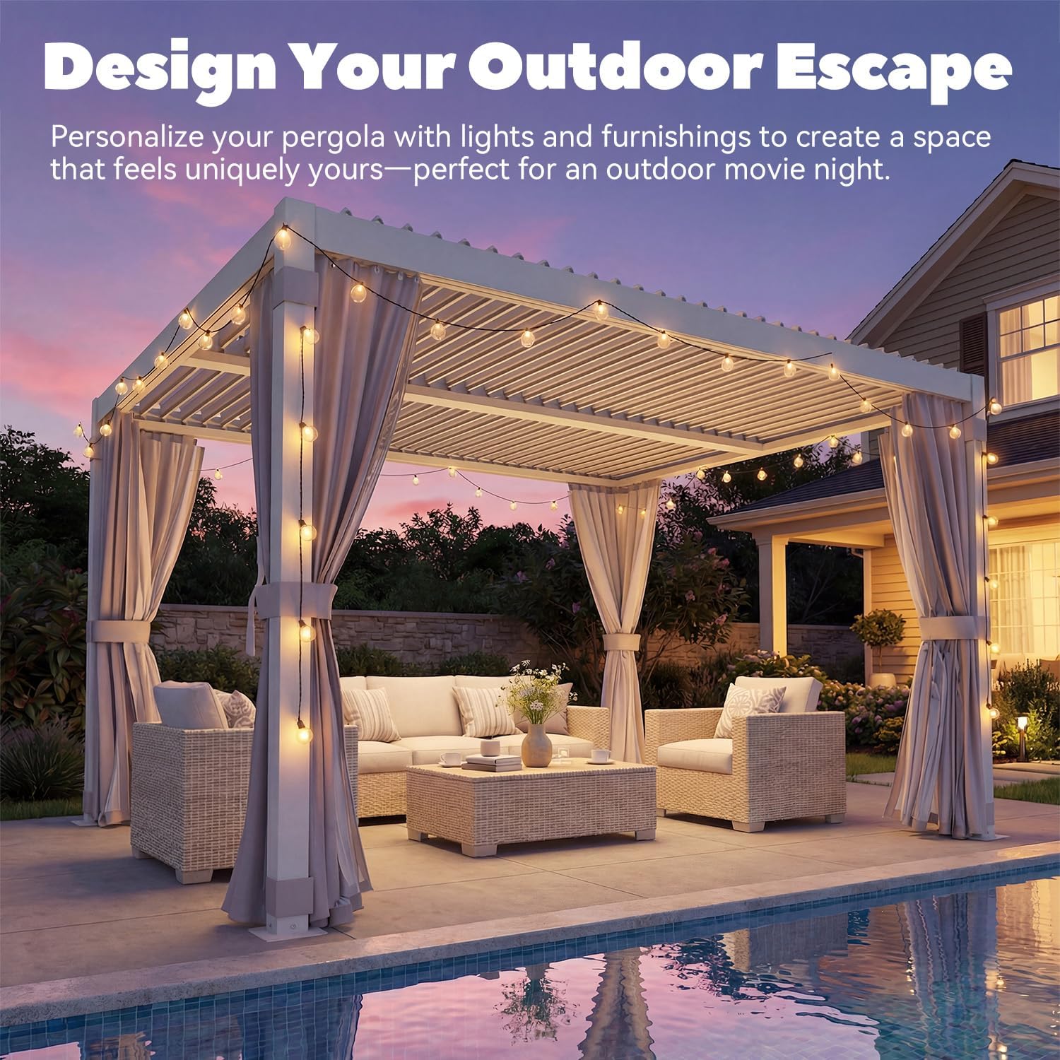 MELLCOM Louvered Pergola 10x12, Steel Aluminum Pergola with Adjustable Louvered Roofs, Outdoor Gazebo with Waterproof Curtains and Nets, White