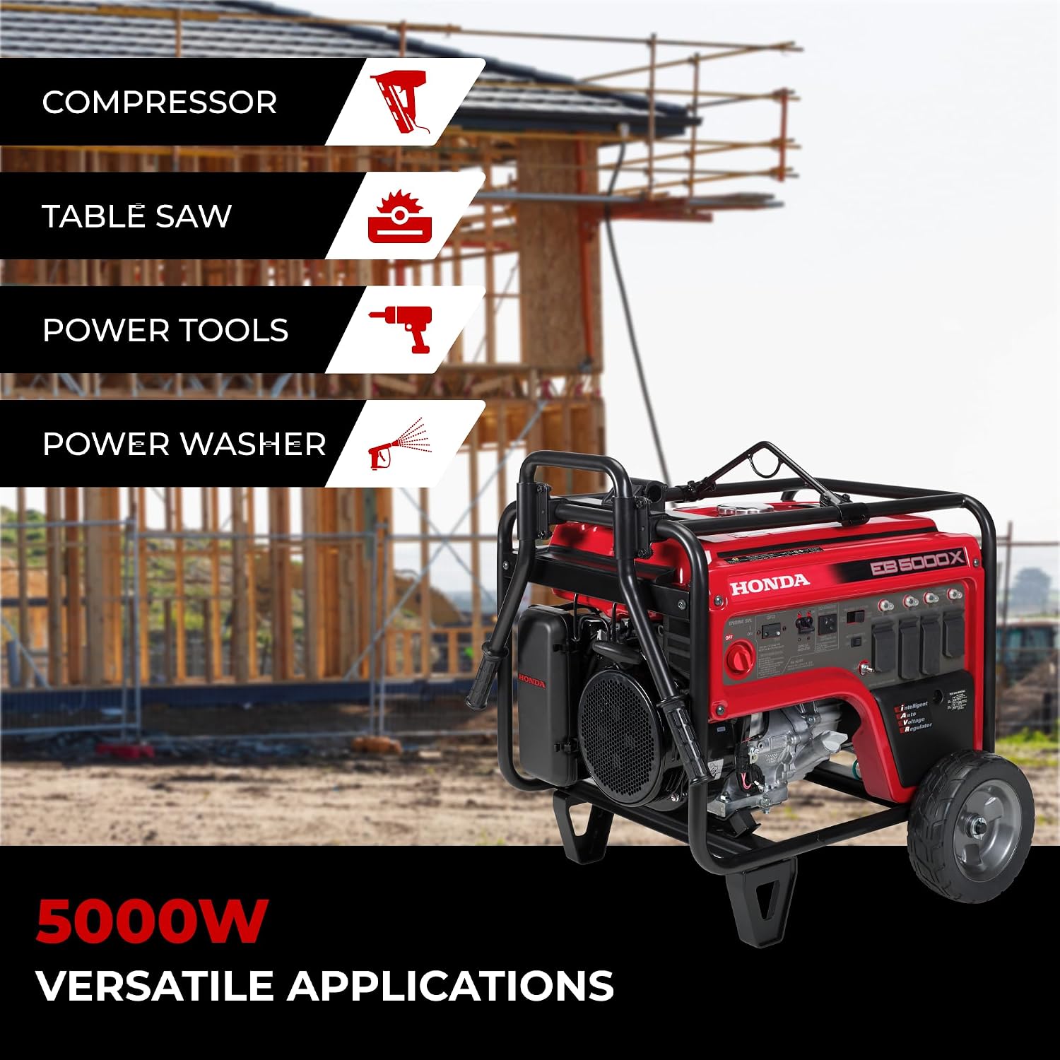 Honda EB5000 5000 Watt Generator, Quiet 120/240V Gas Powered OSHA-Compliant Portable Generator for Construction Site or Backup Power Supply, Up to 10.5 Hour Run Time (EB5000XK3AN)