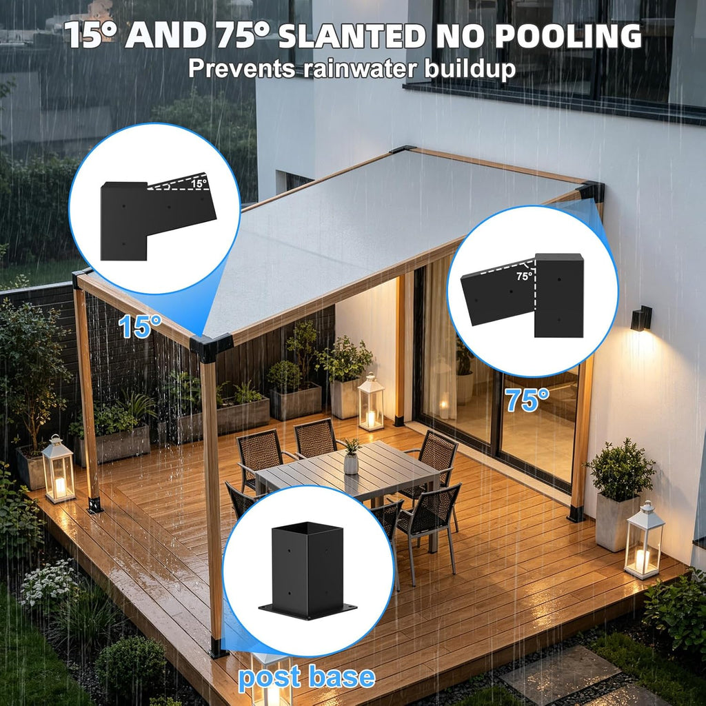 15° Pergola Brackets 75° Corner Bracket with Post Base, pergola kit for 4x4'' (Actual: 3.64x3.64''), Pergola Bracket Kit 4x4 Powder-Coated, Wooden Beams Lumber Gazebos Patio Pergola Lean to Porch Roof