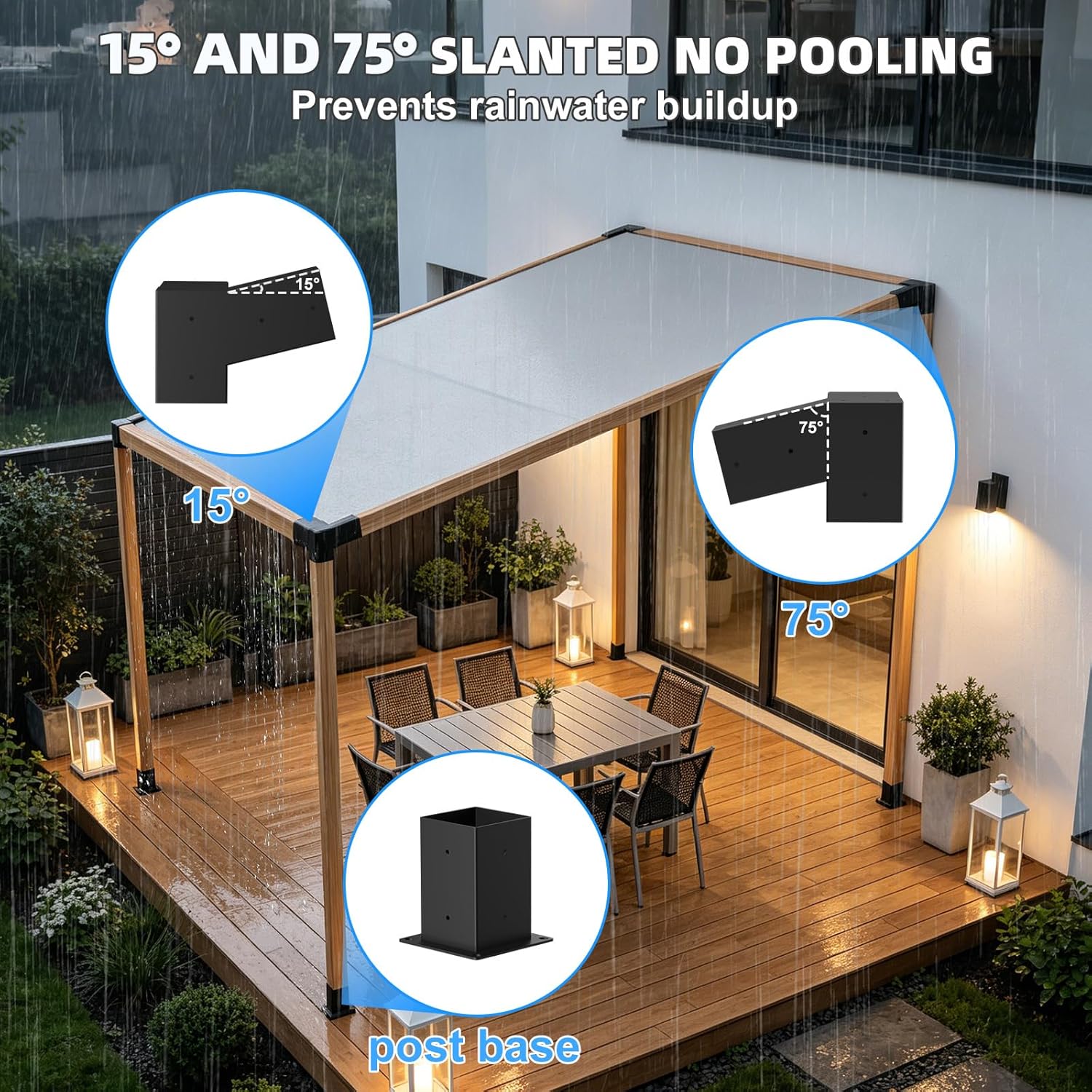 15° Pergola Brackets 75° Corner Bracket with Post Base, pergola kit for 4x4'' (Actual: 3.64x3.64''), Pergola Bracket Kit 4x4 Powder-Coated, Wooden Beams Lumber Gazebos Patio Pergola Lean to Porch Roof