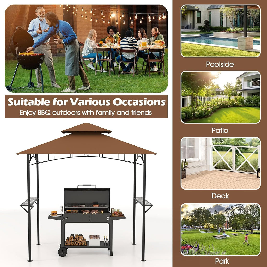 Tangkula 8x5 Ft Grill Gazebo, 2-Tier Barbecue Gazebo with 2 Shelves, 7 Hooks, Metal Frame, Outdoor Grill Canopy for Backyard Garden Poolside (Coffee)