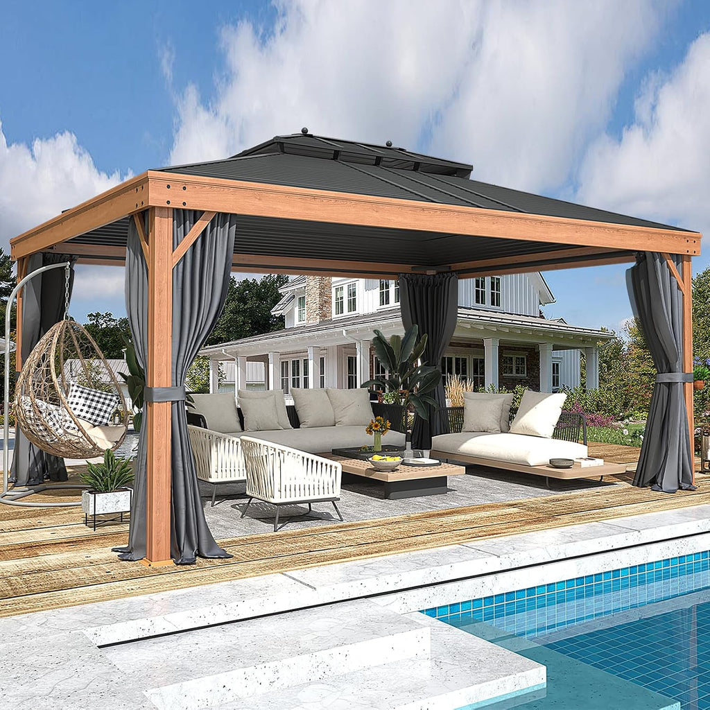 YOLENY 12'x16' Hardtop Gazebo, Galvanized Steel Double Roof with Wood-Looking Aluminum Frame, Outdoor Permanent Metal Pavilion with Curtains and Nettings for Patio, Backyard and Deck