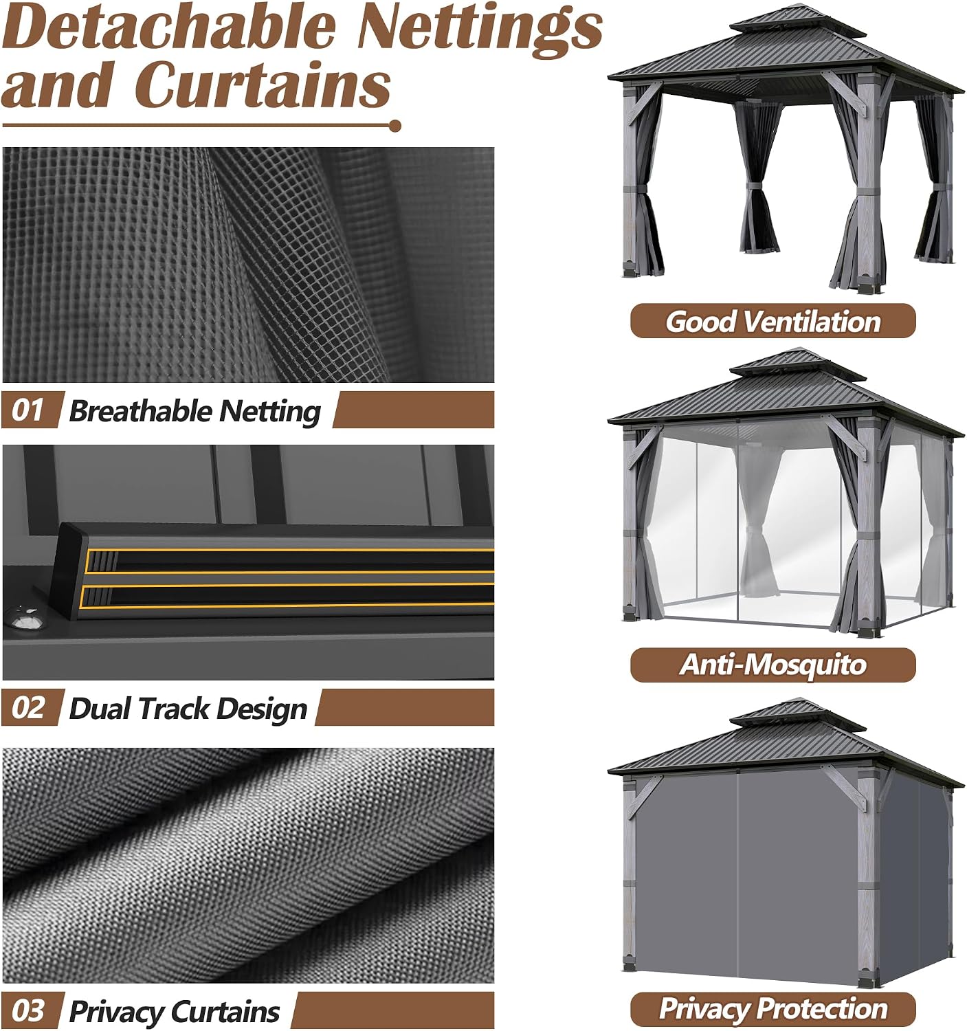10'x10' Wood Gazebo, Outdoor Hardtop Gazebo with Wood Posts and Galvanized Steel Doule Roof, Wooden Frame Gazebos with Netting and Curtains for Patio Backyard Garden Deck