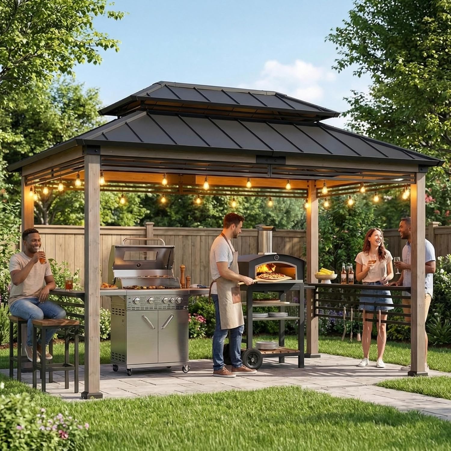 Sunjoy Wooden Grill Gazebo with AC Power Port, 8 x 12 ft. Steel Hardtop Outdoor Gazebo for Year-Round Grilling, Cedar Framed Gazebo with Built-in Electrical Outlets and Decorative Fence, Black