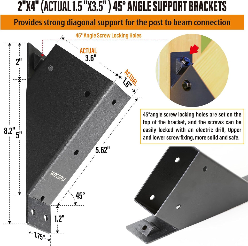 8pack 2x4 (Actual 1.5''x3.5'') Degree Angle Support Brackets, For Pergola, Gazebo, Deck Wood Frame Structures Provide Support 45° Degree Angle Bracket