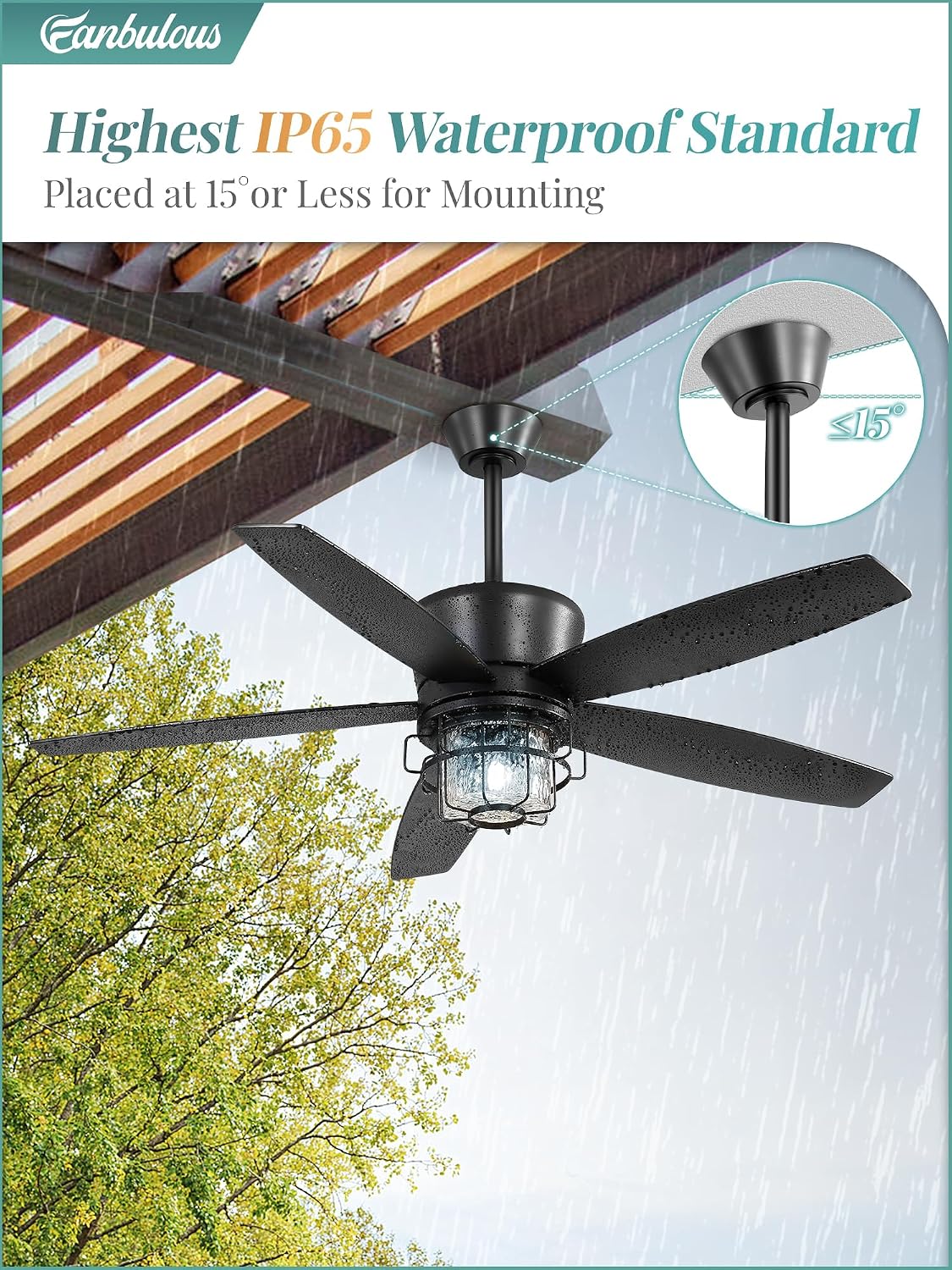 Fanbulous 52' Outdoor Ceiling Fans with Lights and Remote Control,IP65 Wet Rated Waterproof Ceiling Fan with 6-Speed DC Motor, Farmhouse Gazebo Fan for Porch Patios Pavilion（Black）
