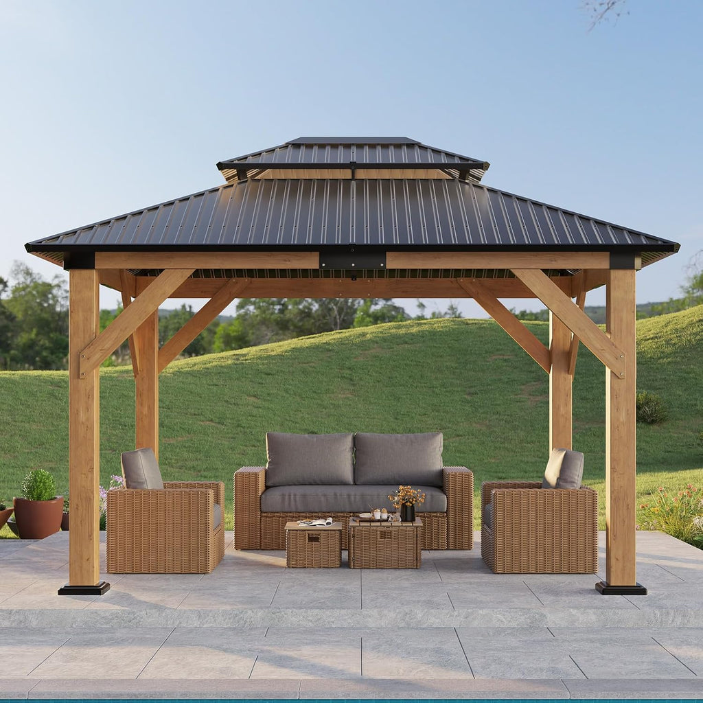 LUXOAK 10x12 FT Wood Gazebo, Outdoor Hardtop Gazebo with Aluminum Double Roof, Outdoor Wooden Pavilion for Parties, Backyard, Patio, Lawns, Black + Natural Wood
