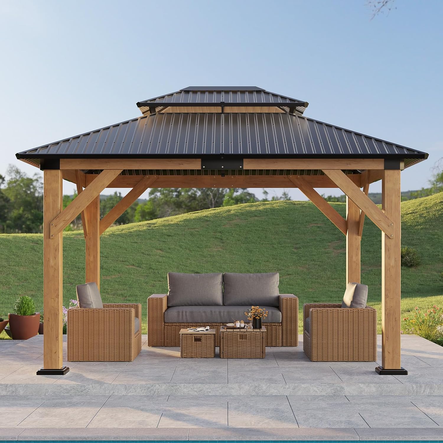 LUXOAK 10x12 FT Wood Gazebo, Outdoor Hardtop Gazebo with Aluminum Double Roof, Outdoor Wooden Pavilion for Parties, Backyard, Patio, Lawns, Black + Natural Wood