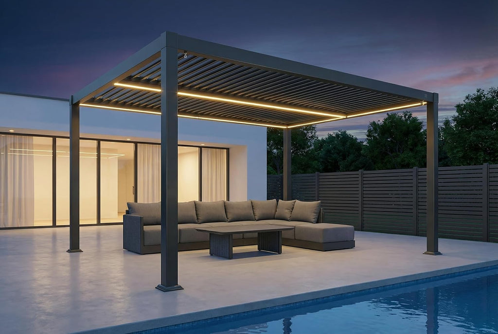 PURPLE LEAF Solar Louvered Pergola 92KS 11' x 15' with Dimmable LED Strip and Control Panel Adjustable Aluminum Waterproof Roof Outdoor Modern Pergolas for Patio Deck Gray