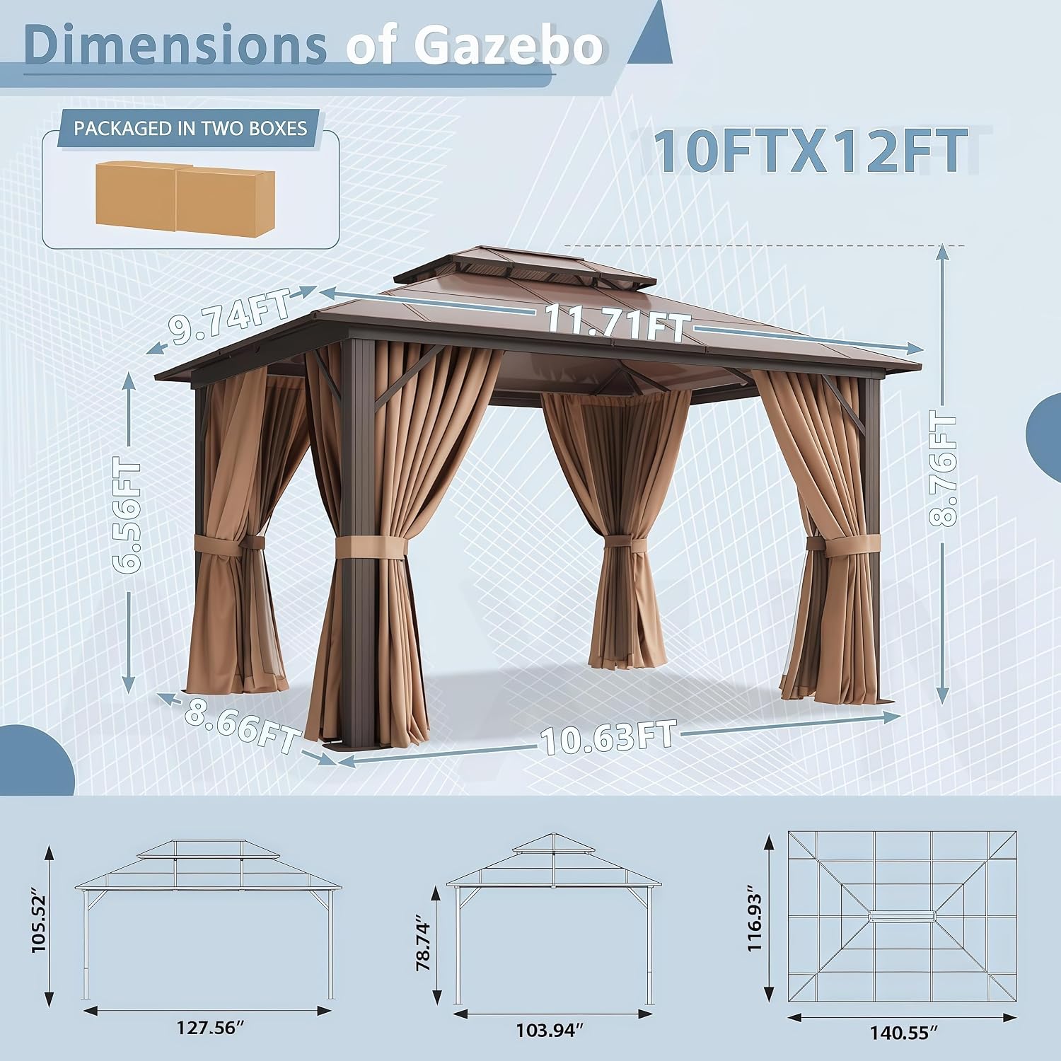 Aoxun 10' x 12' Outdoor Hardtop Gazebo Premium Polycarbonate Double - Roof Structure with Aluminum Frame, Complete with Privacy Curtains & Mosquito Netting for Backyard, Patio, Deck Parties (Brown)