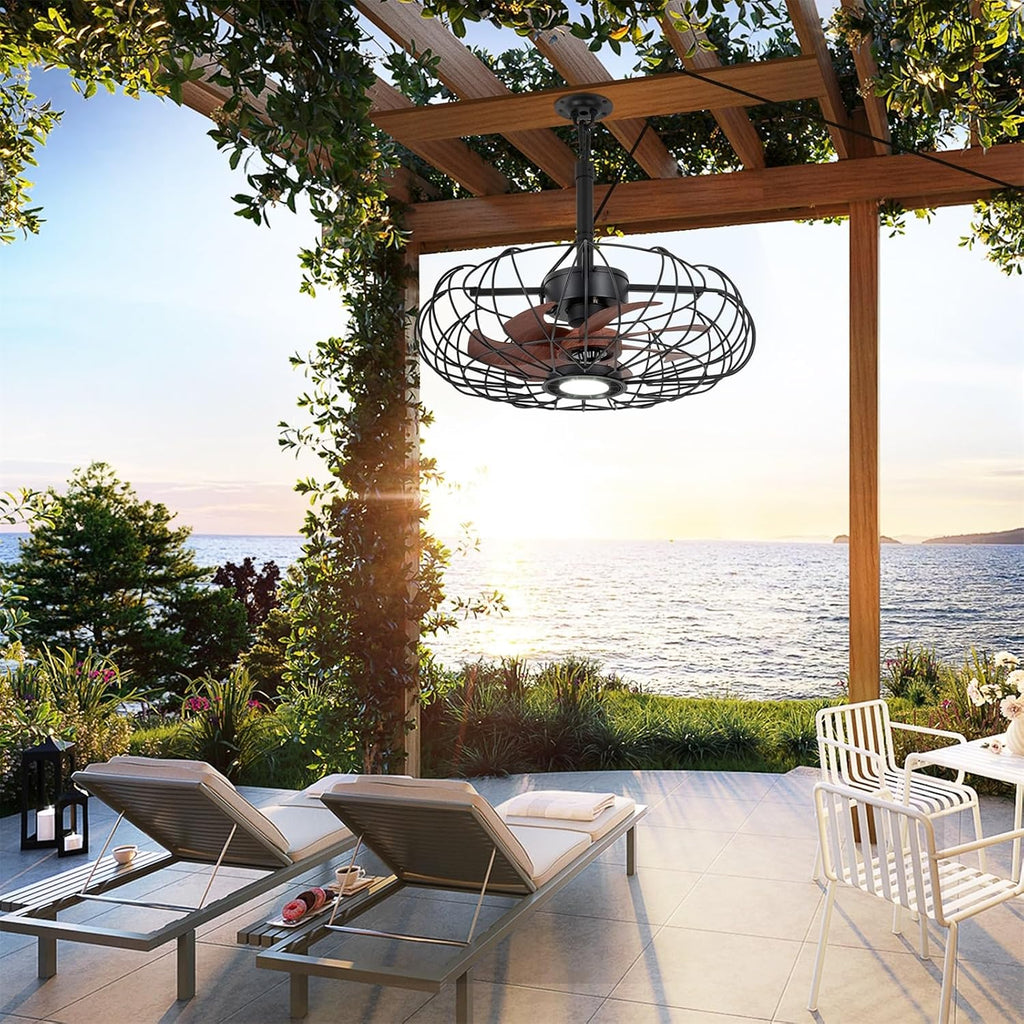 20'' Outdoor Gazebo Fan with Lights, IP64 Waterproof Caged Ceiling Fan with Remote and Hanging Hook, 3CCT Dimmable 6-Speed Reversible Motor, Outside Plug in Ceiling Fans for Patio Porch Canopy, Black