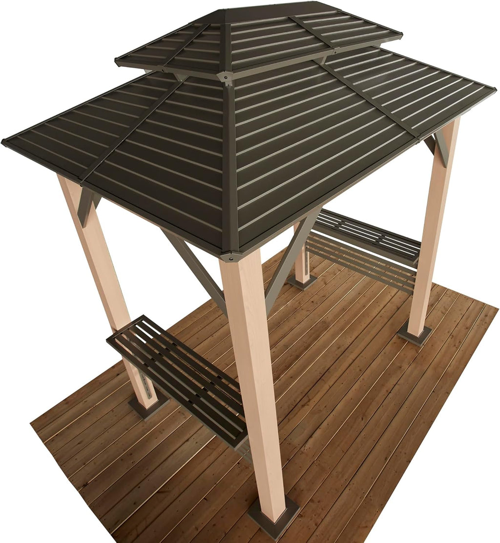 Tommy Bahama Edition Cove 6' x 8' Outdoor Hardtop Grill Gazebo for Backyard or Patio, Heavy-Duty Galvanized Steel Double Roof Gazebo, Wood Grain Finish