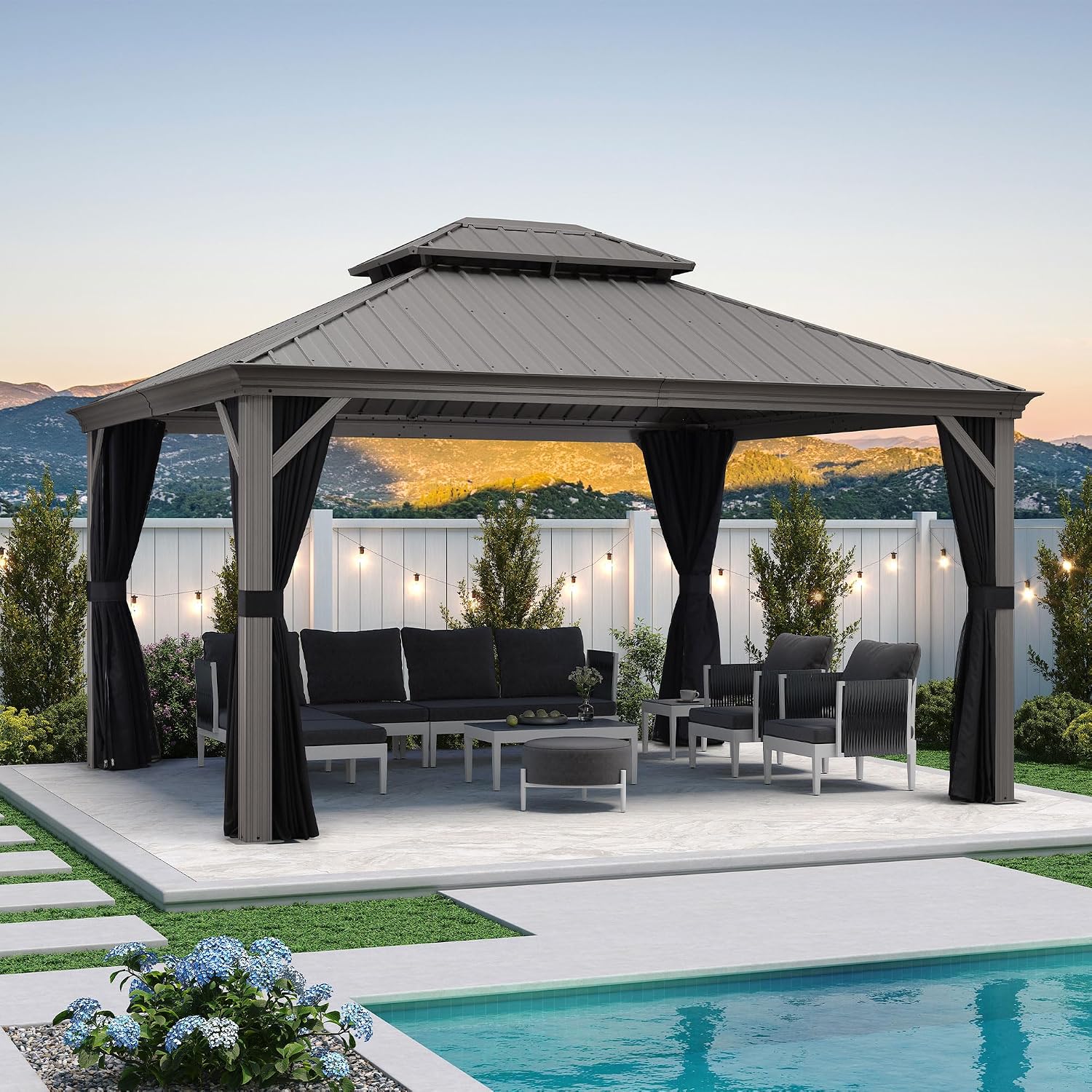 PURPLE LEAF 12' X 14' Patio Hardtop Gazebo Aluminum Outdoor Gazebo with Double Galvanized Steel Roof for Deck Backyard All Weather Outdoor Pavilion Curtain and Netting Included, Light Grey