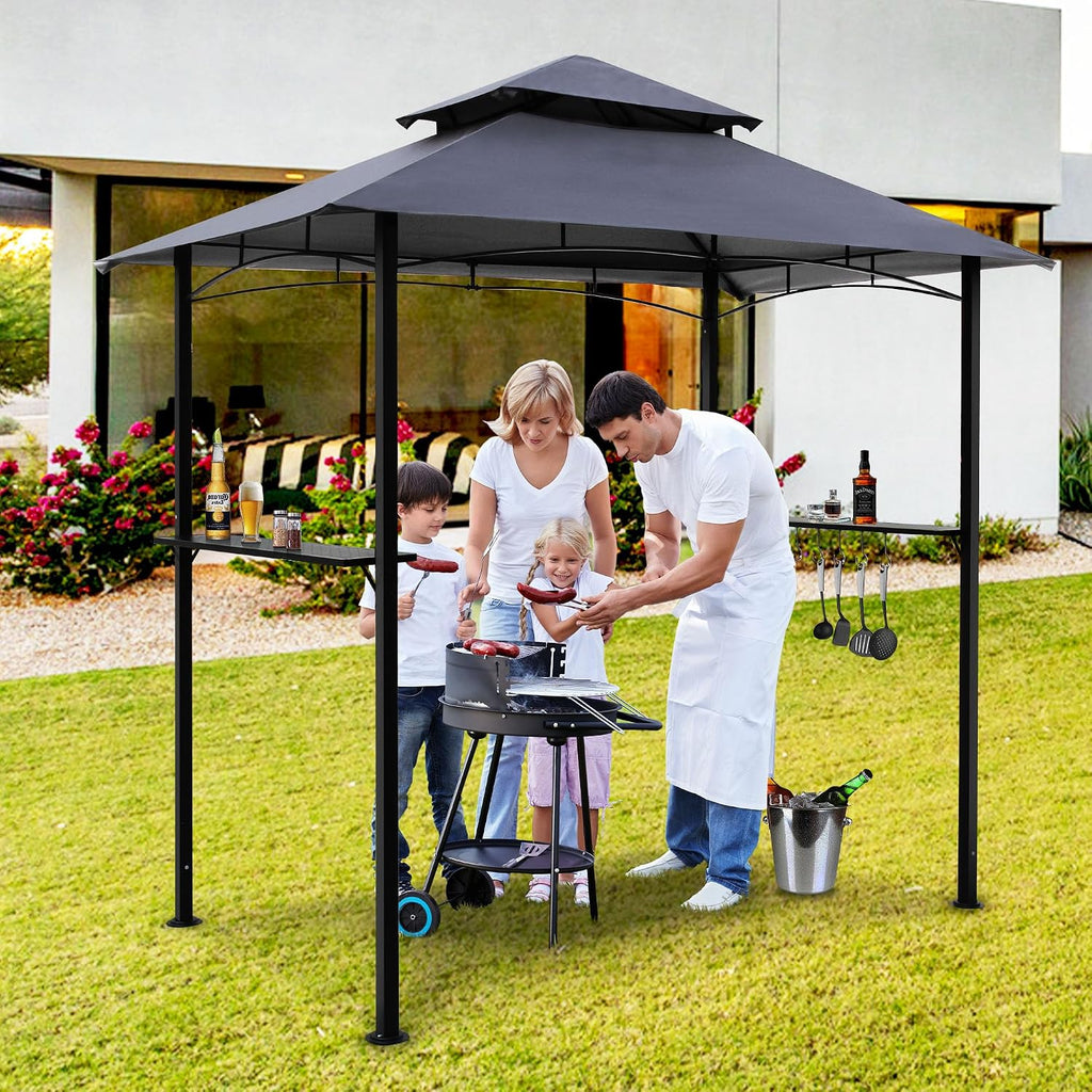 8'x 5' Grill Gazebo Canopy, Outdoor BBQ Gazebo with Led Light, Barbeque Gazebo Shelter for Patio (Grey)