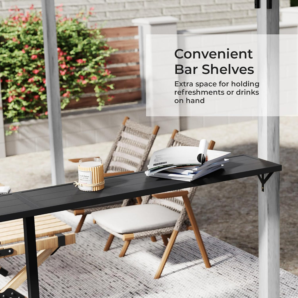 HAPPATIO 10' x 13' Arched Top Outdoor Pergola, Aluminum Frame Canopy with Bar Counter, Natural Wood-Like Frame Patio Pergola Shade for Patio, Backyard, Garden, Grey