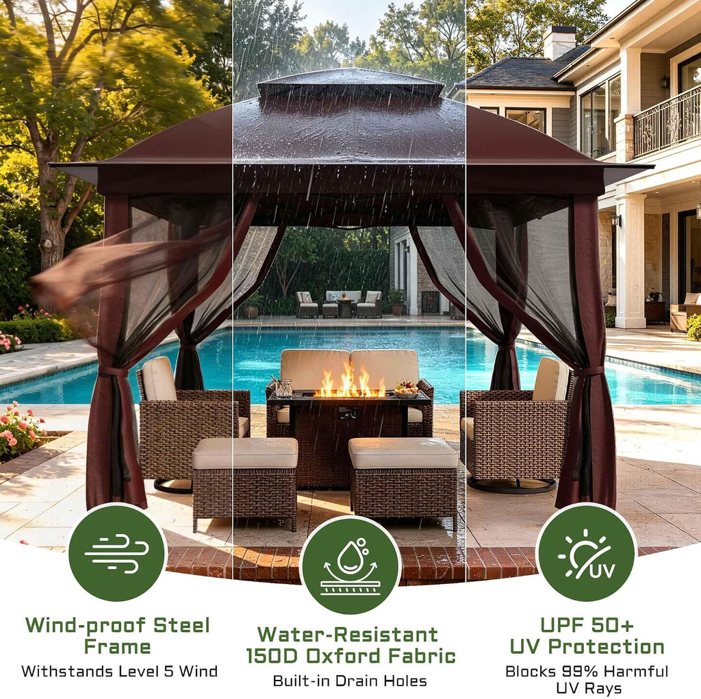 11'X11' Gazebo Pop Up with 4 Sidewalls Mosquito Netting, Heavy Duty Patio Gazebo Canopy Tent with Double Air Roofs for Backyards, Patios, Decks, Gardens, Parks