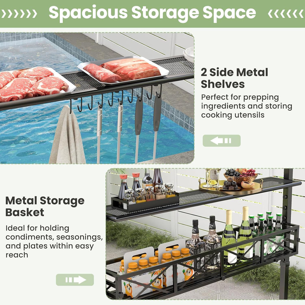 HAPPYGRILL 8 x 5 FT BBQ Grill Gazebo with 2 Side Shelves, Storage Basket, Hanging Hooks, Bottle Opener, Double-Tiered Top, Metal Frame, Outdoor Barbecue Canopy, Grilling Shelter for Patio Garden Yard